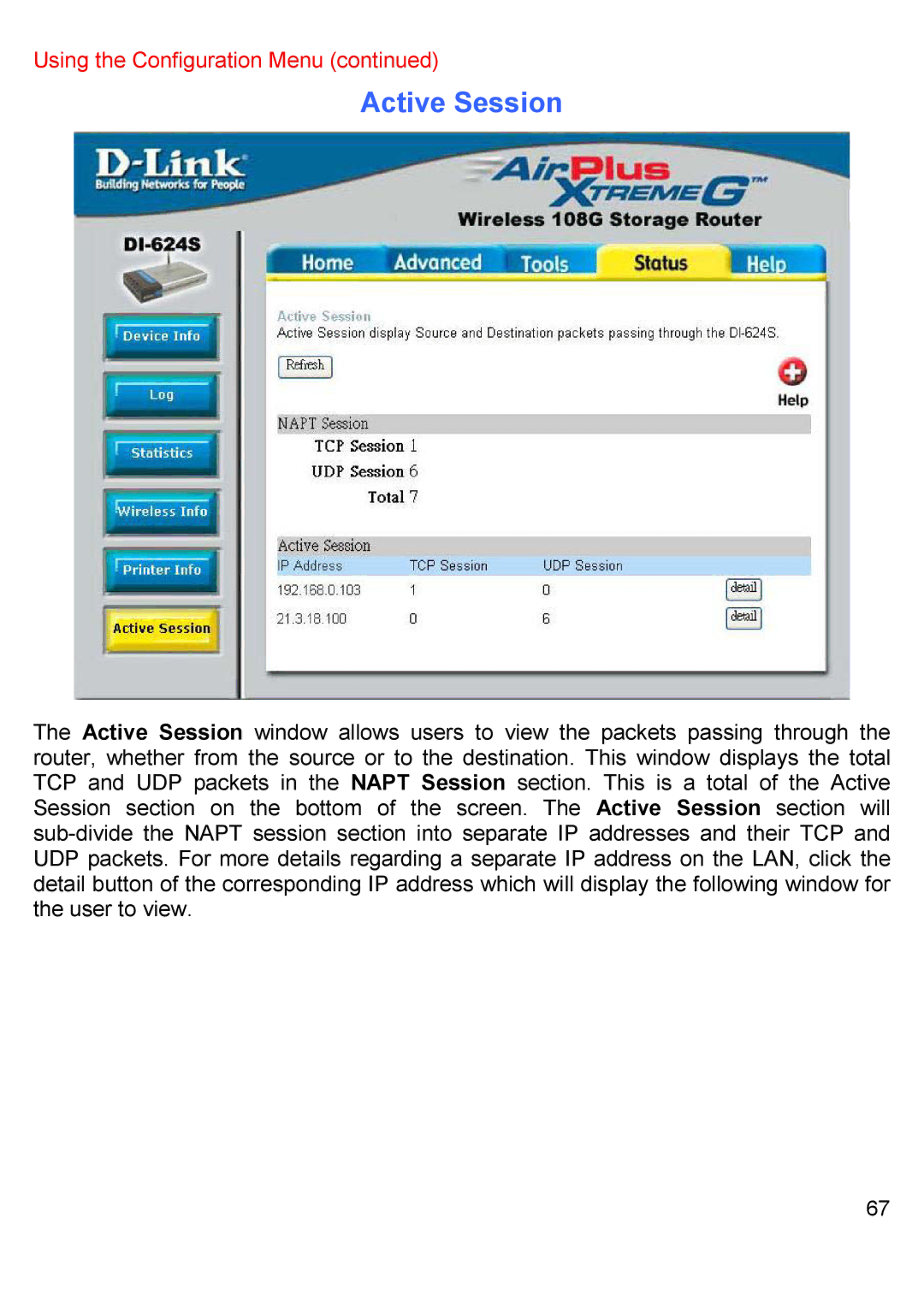 D-Link DI-624S manual Active Session 