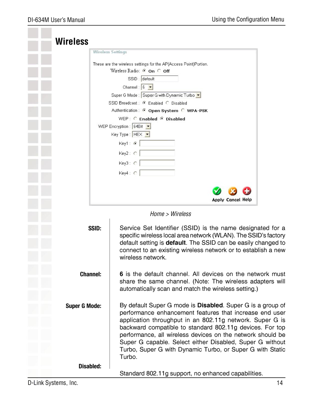 D-Link DI-634M manual Home Wireless, Channel Super G Mode Disabled 