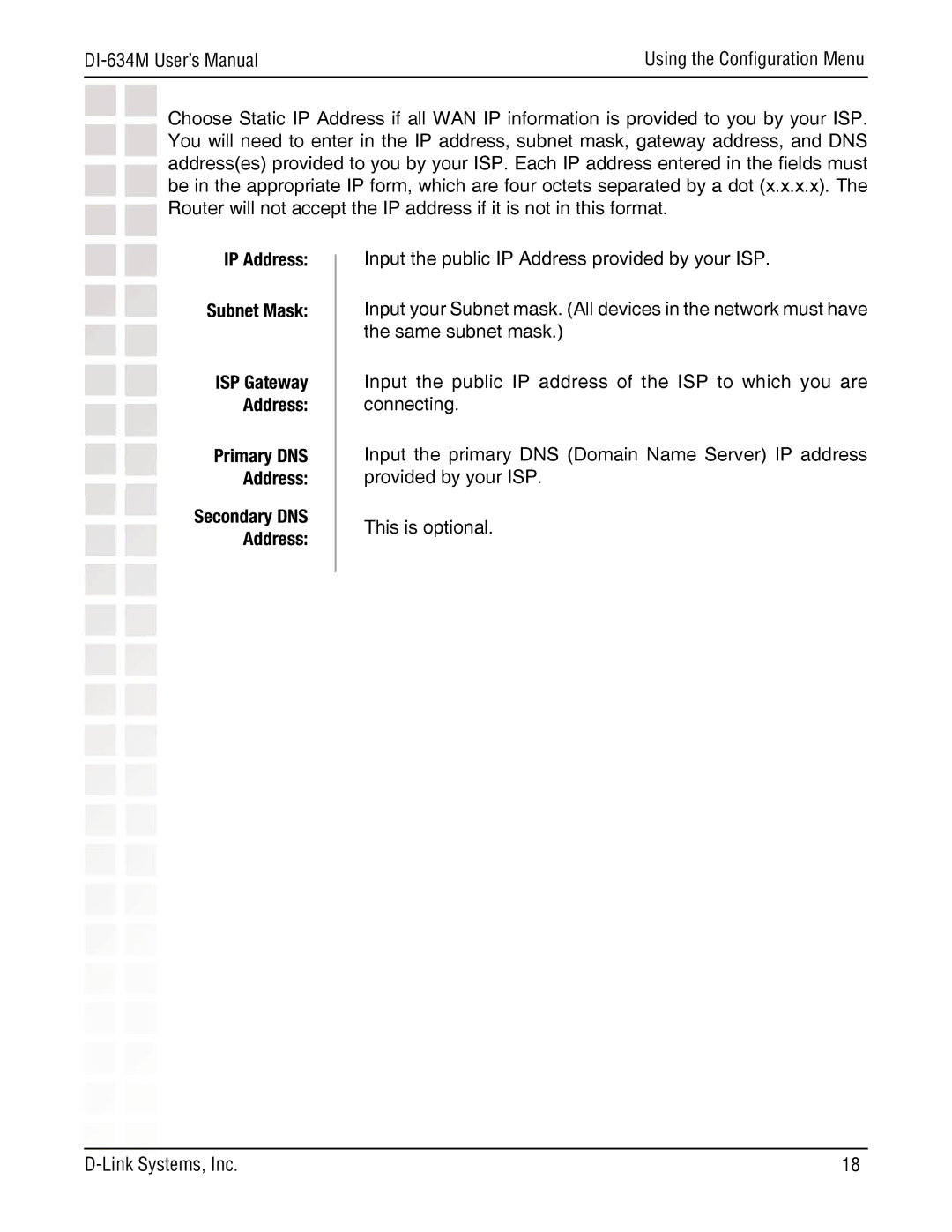 D-Link DI-634M manual IP Address Subnet Mask 