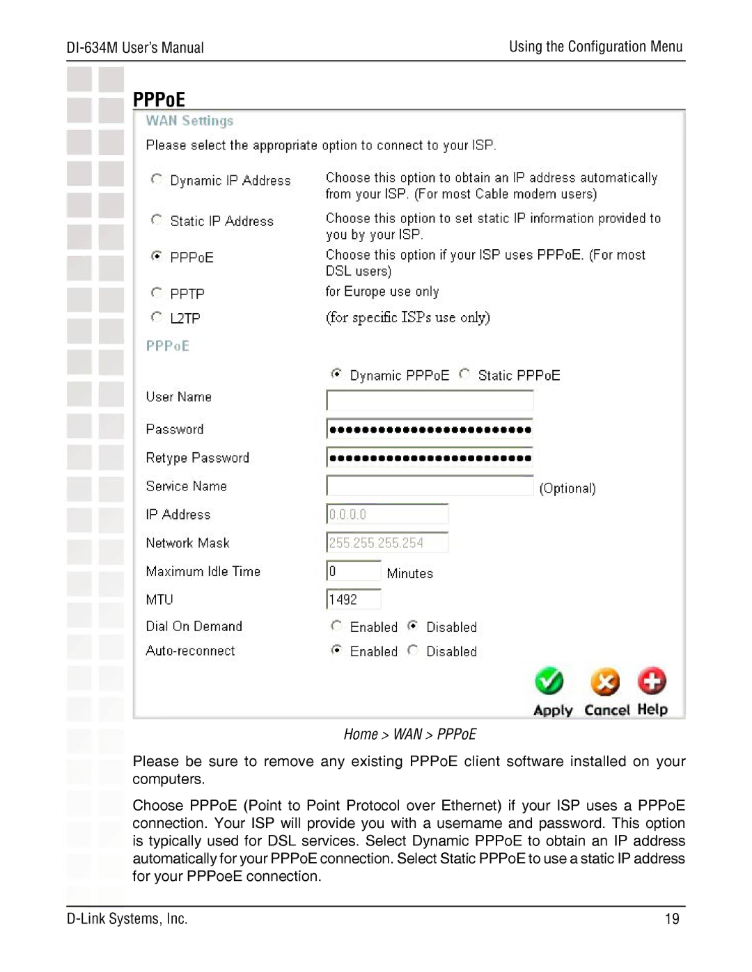 D-Link DI-634M manual Home WAN PPPoE 
