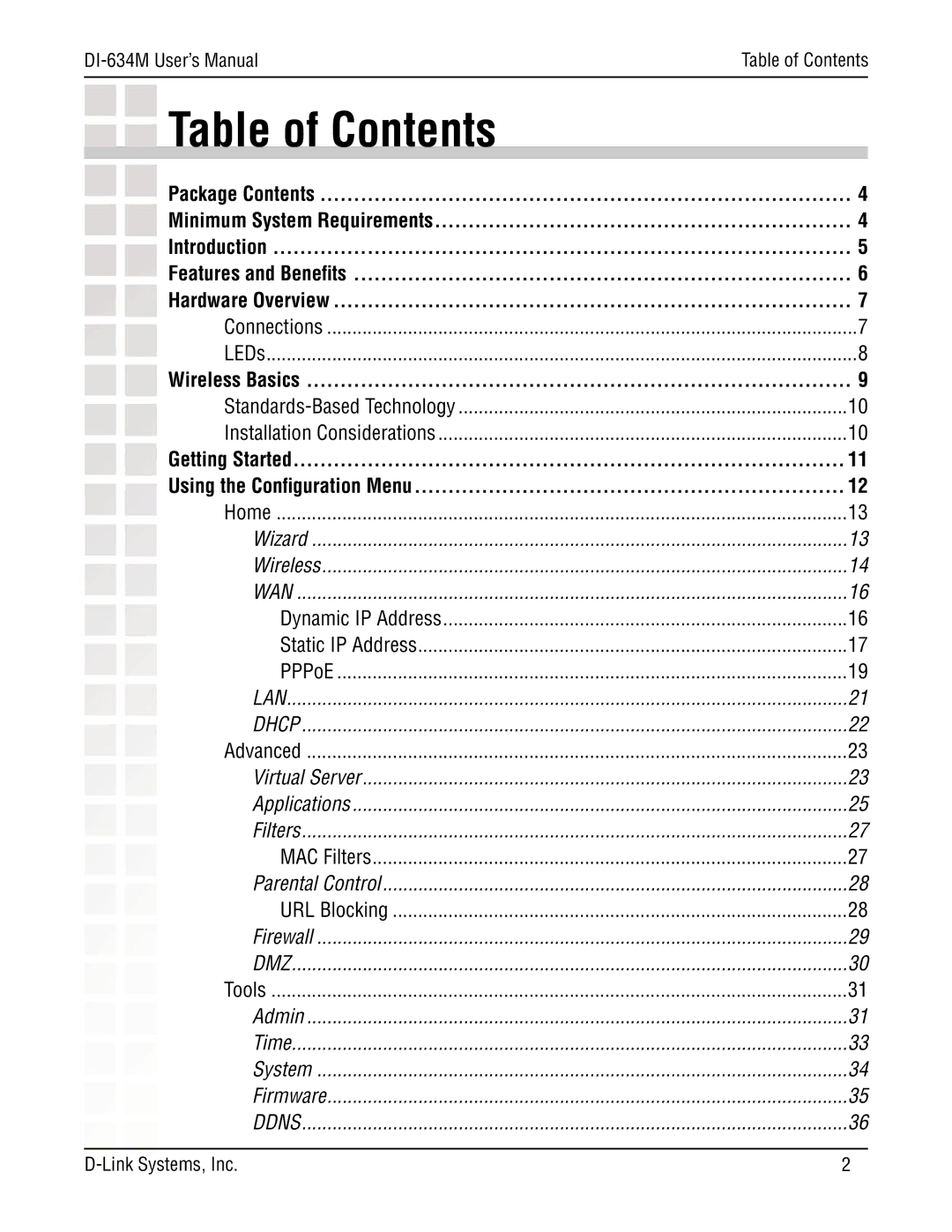 D-Link DI-634M manual Table of Contents 