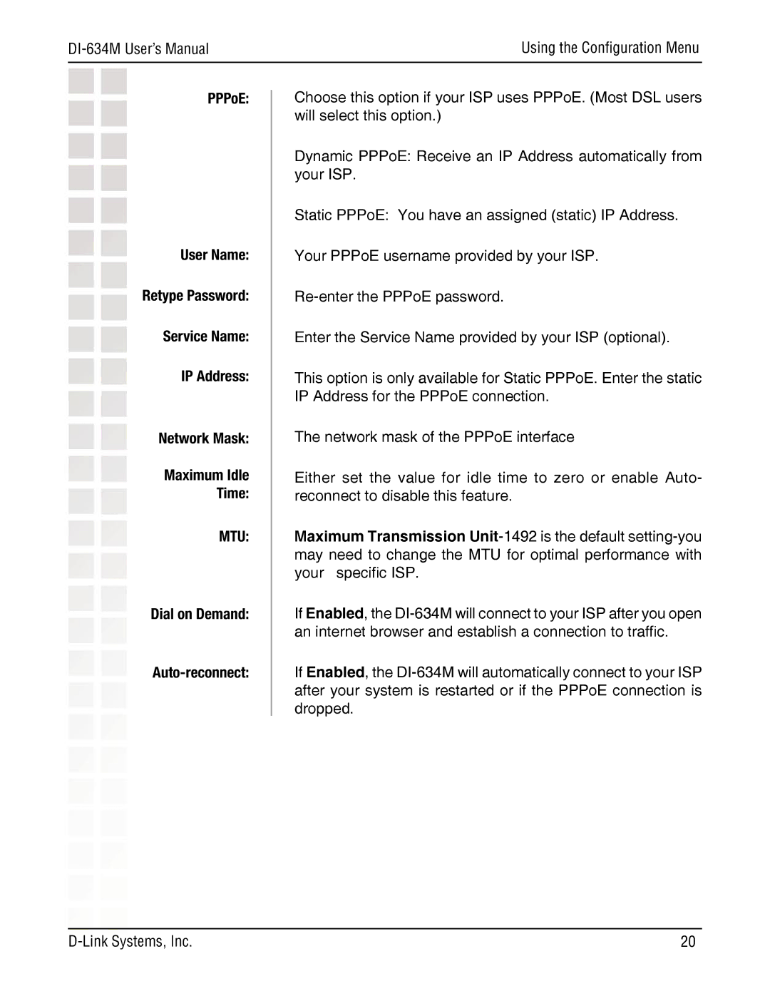 D-Link DI-634M manual Mtu, Dial on Demand Auto-reconnect 
