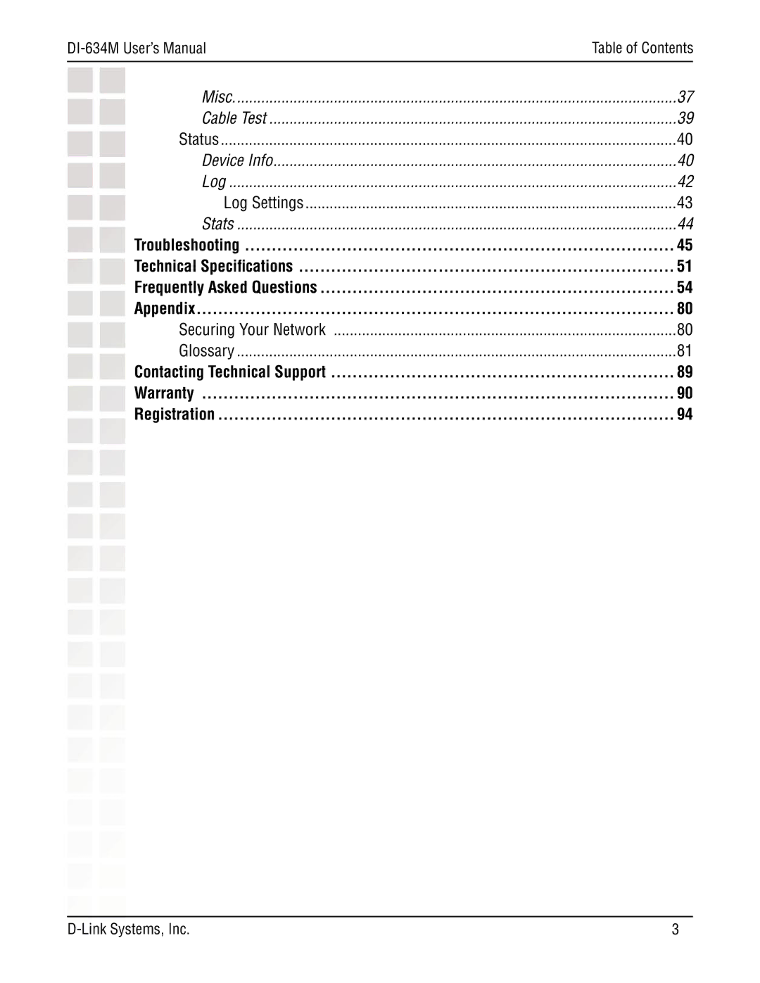 D-Link manual DI-634M User’s Manual, Status, Securing Your Network Glossary 