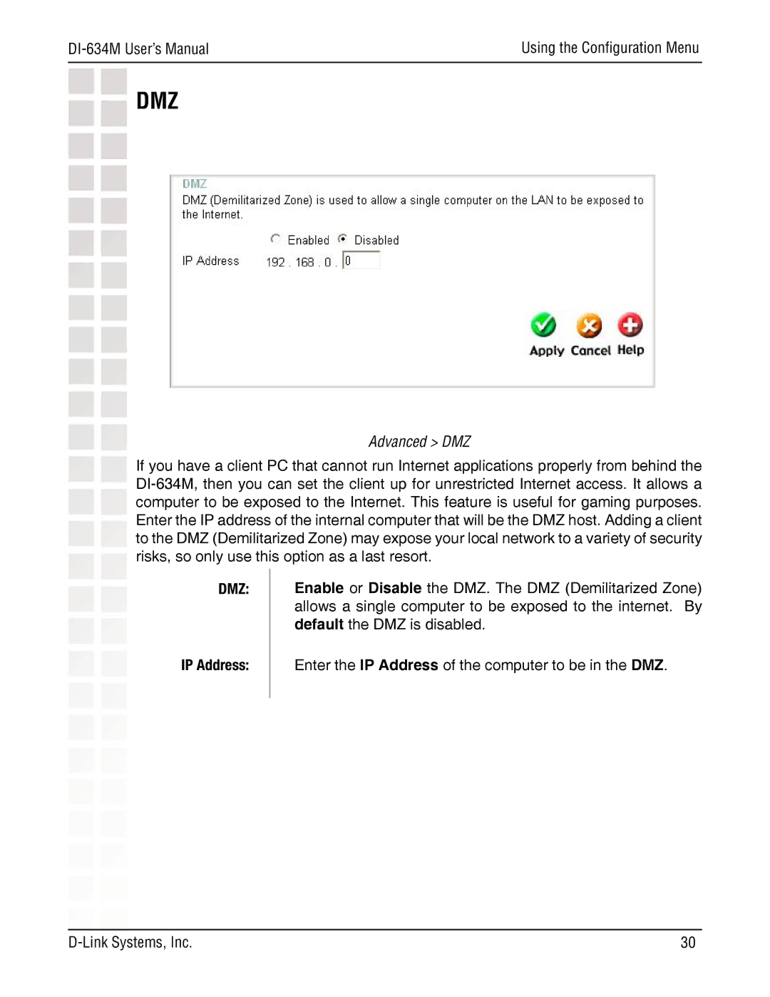 D-Link DI-634M manual Dmz, Advanced DMZ 