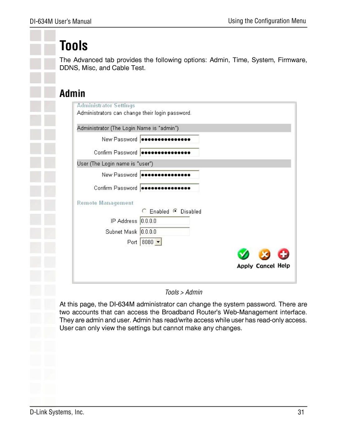 D-Link DI-634M manual Tools Admin 