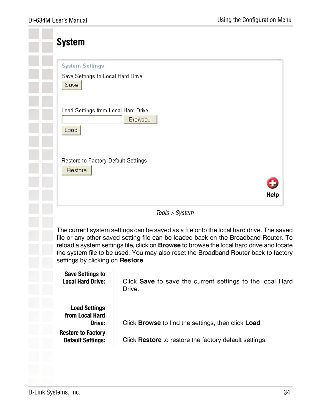 D-Link DI-634M manual Tools System, Load Settings from Local Hard Drive 