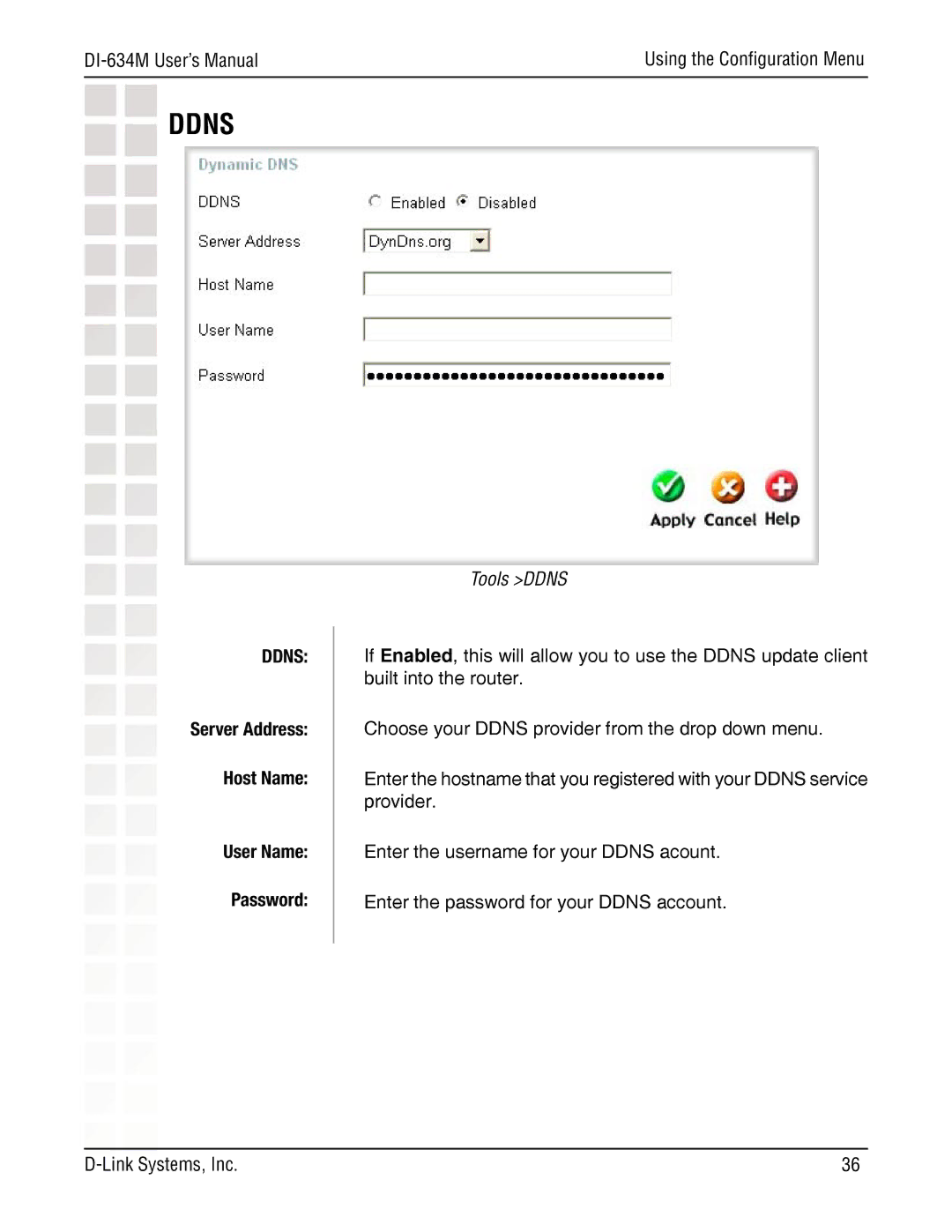 D-Link DI-634M manual User Name Password, Tools Ddns 