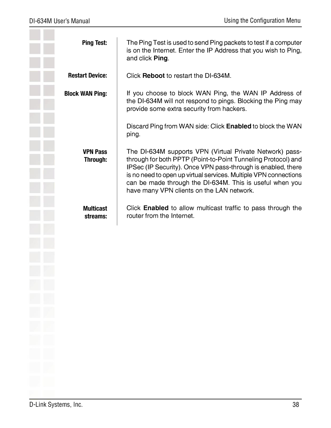 D-Link DI-634M manual Ping Test Restart Device Block WAN Ping VPN Pass Through 