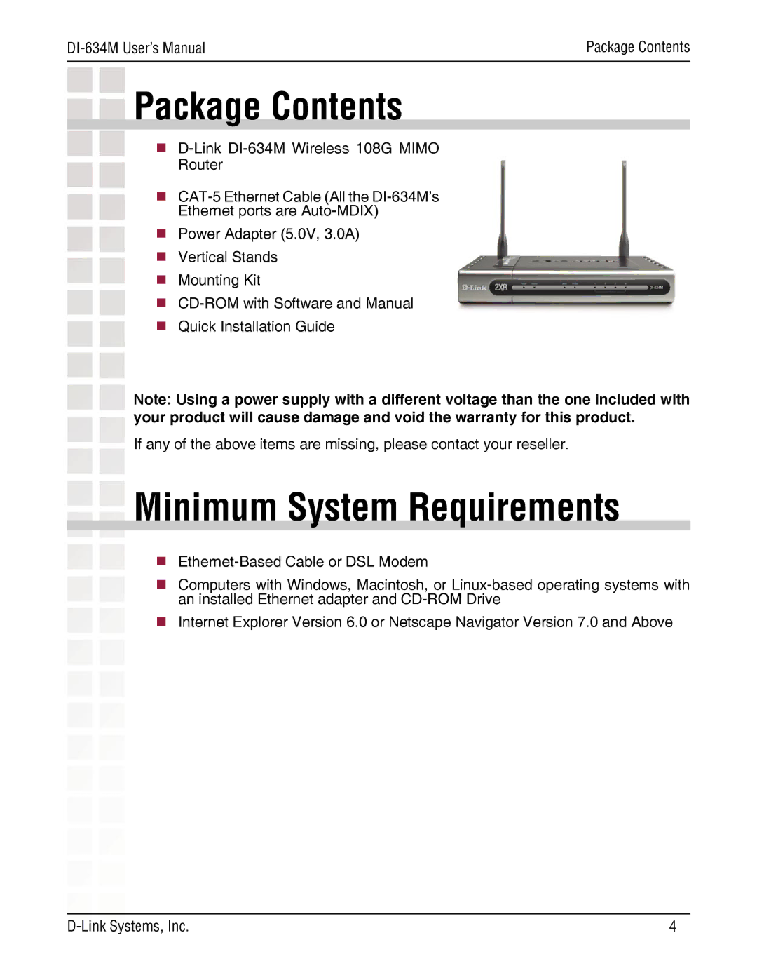 D-Link DI-634M manual Package Contents, Minimum System Requirements 