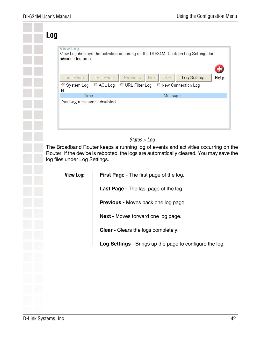 D-Link DI-634M manual Status Log, View Log 