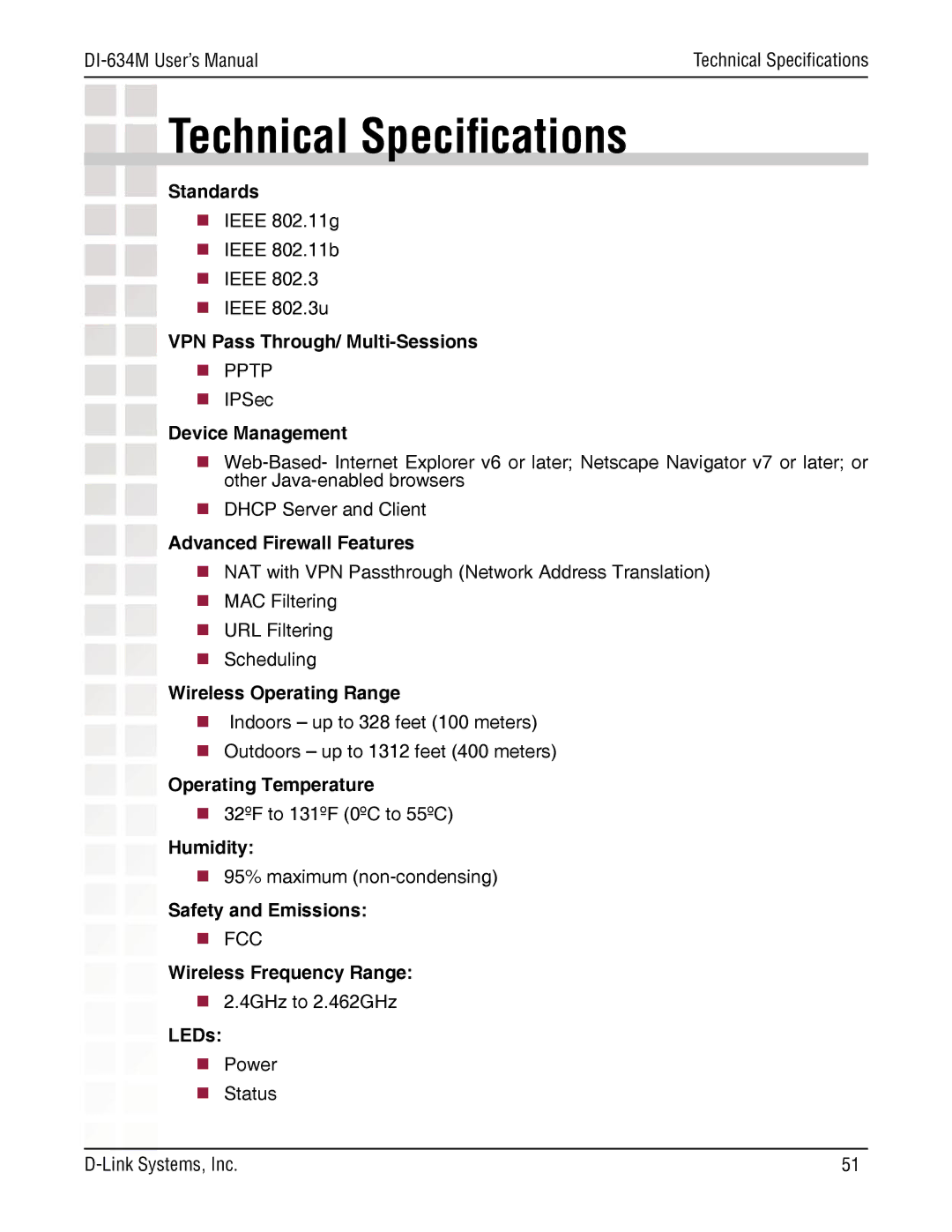 D-Link DI-634M manual Technical Speciﬁcations 