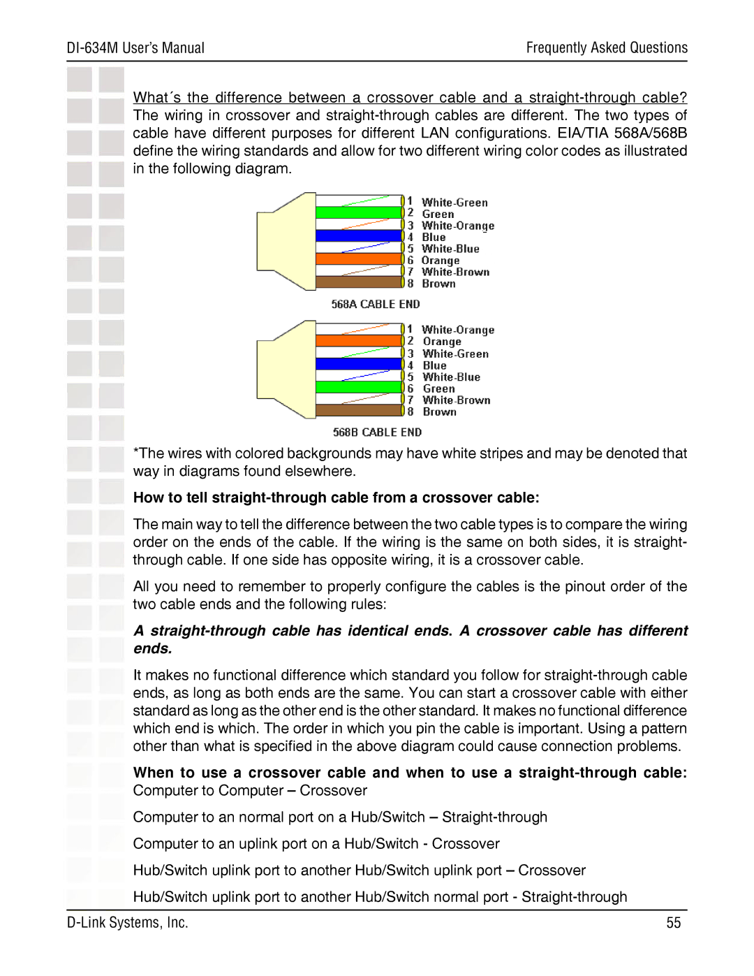 D-Link DI-634M manual How to tell straight-through cable from a crossover cable 