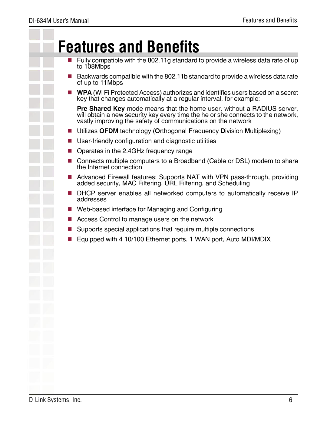 D-Link DI-634M manual Features and Beneﬁts 