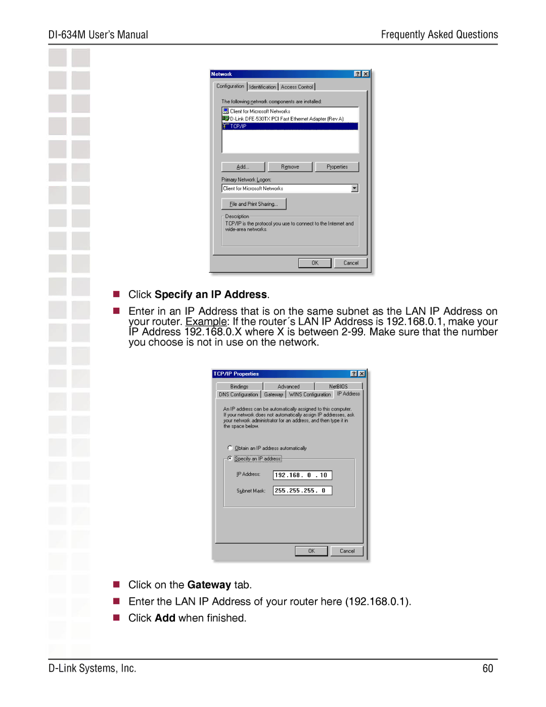 D-Link DI-634M manual  Click Specify an IP Address 