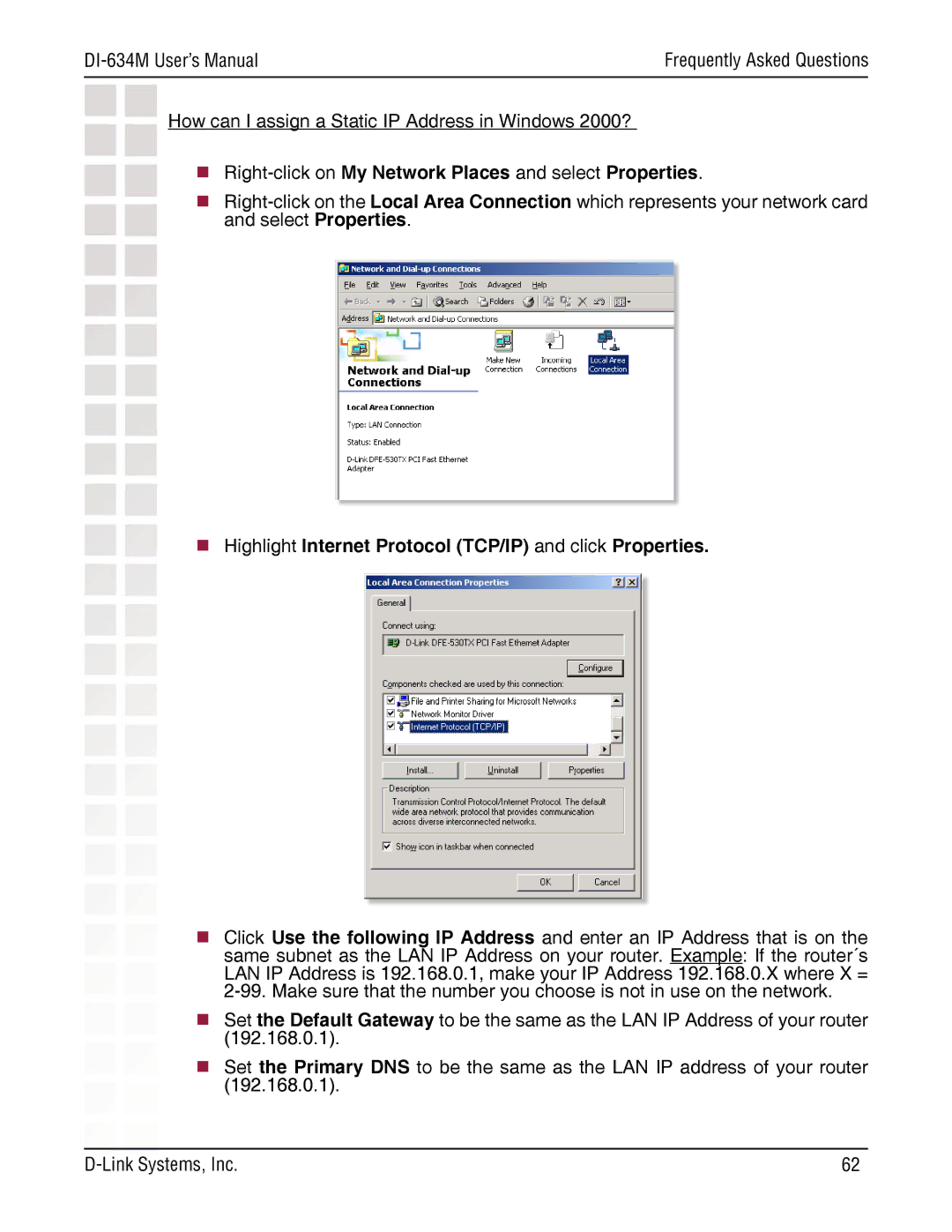 D-Link DI-634M manual  Right-click on My Network Places and select Properties 