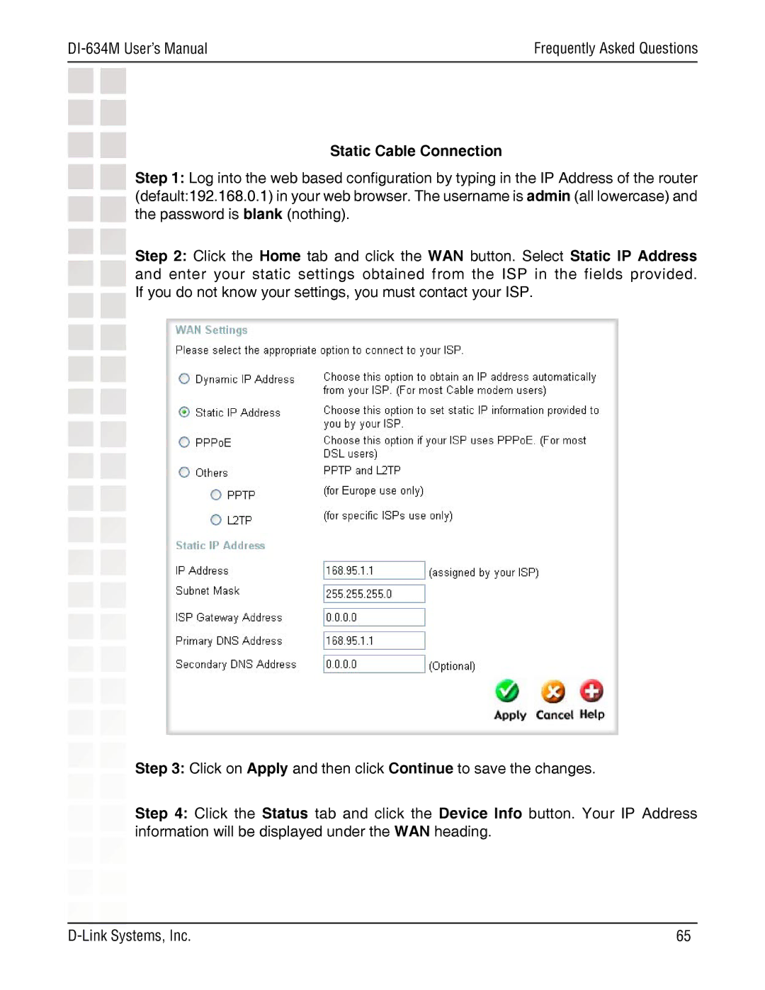 D-Link DI-634M manual Static Cable Connection 