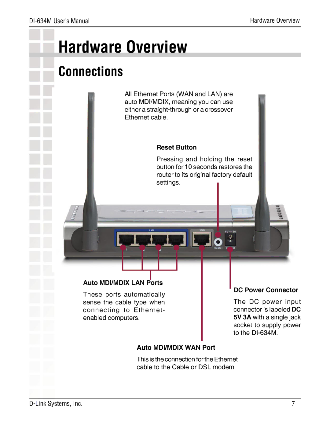 D-Link DI-634M manual Hardware Overview, Connections, Reset Button, Auto MDI/MDIX LAN Ports 