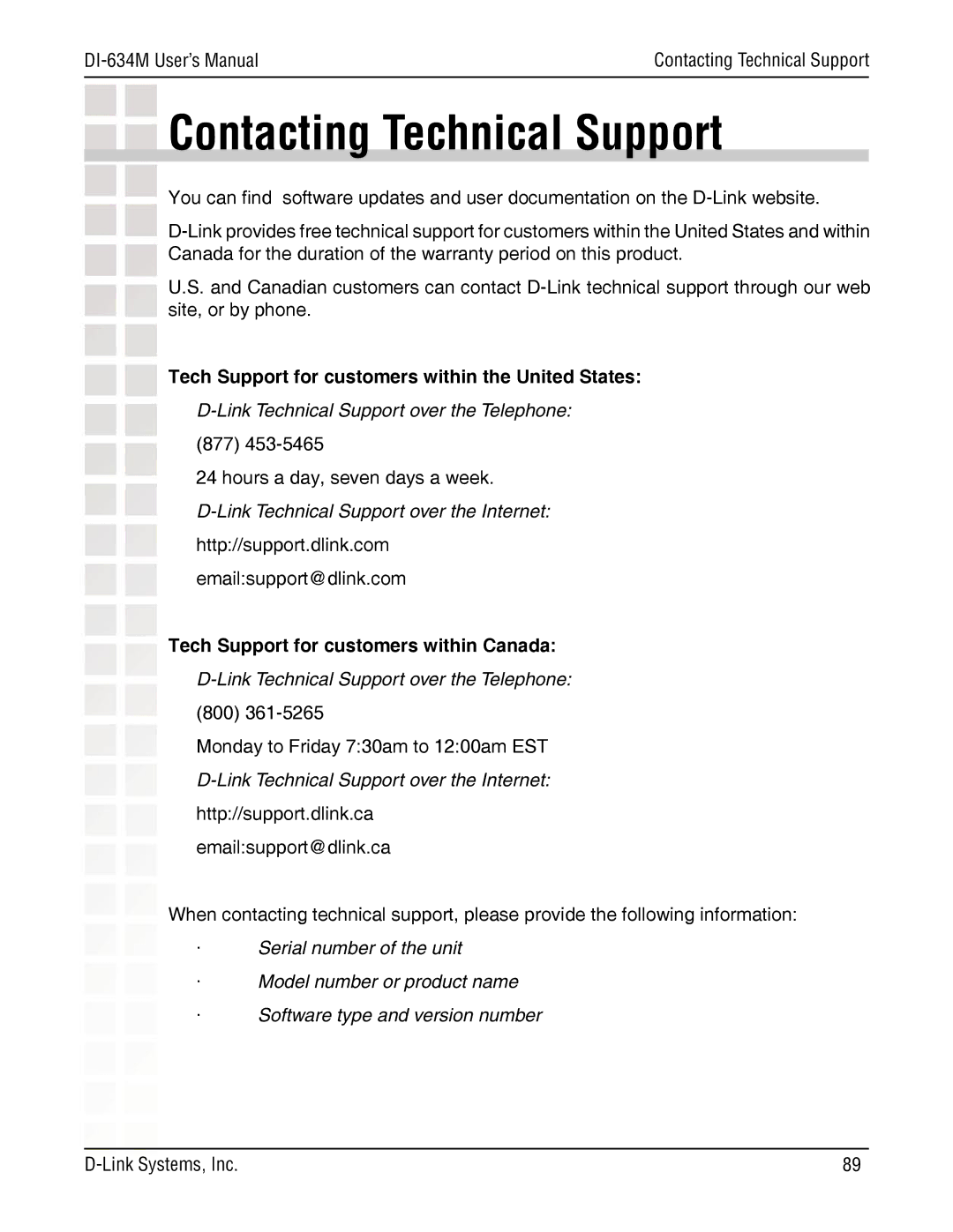 D-Link DI-634M manual Contacting Technical Support, Tech Support for customers within the United States 