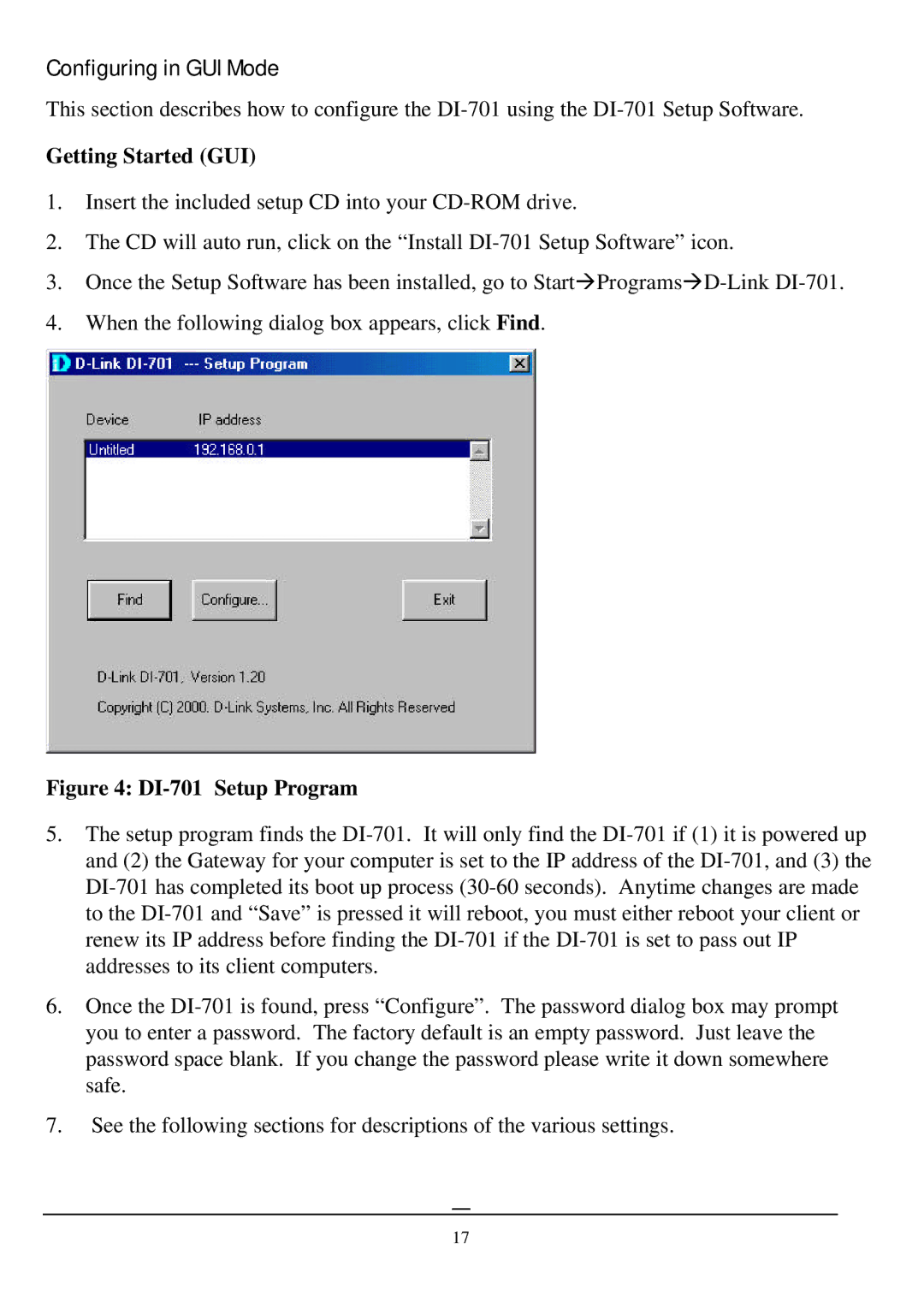 D-Link DI-701 manual Configuring in GUI Mode, Getting Started GUI 