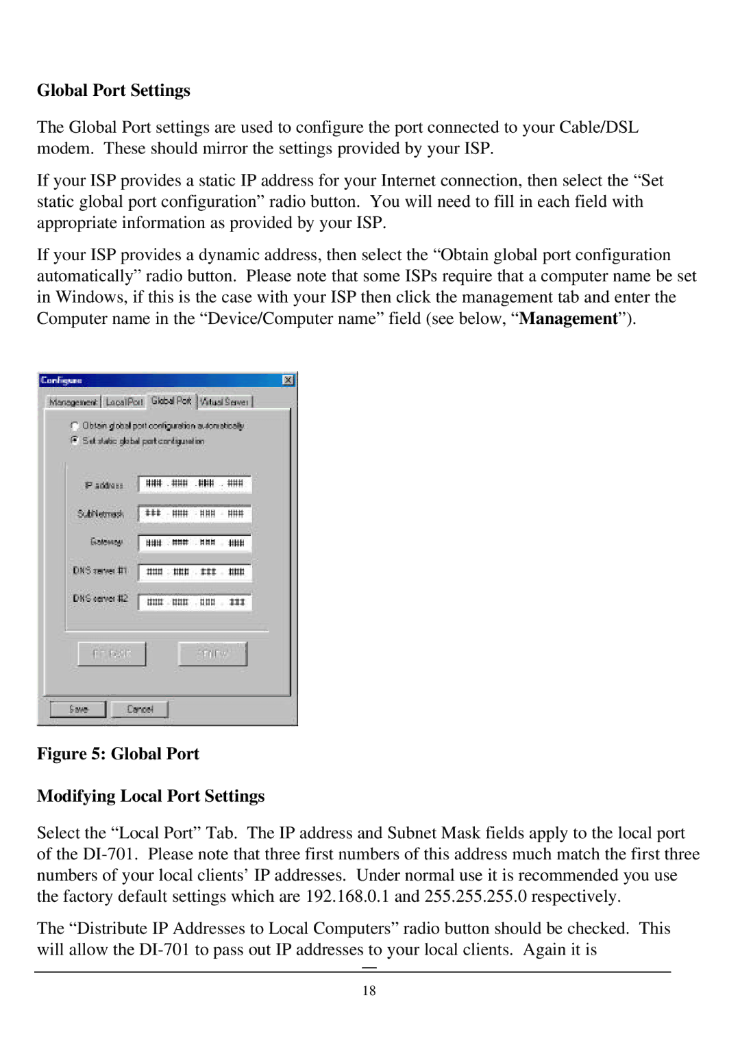 D-Link DI-701 manual Global Port Settings, Global Port Modifying Local Port Settings 