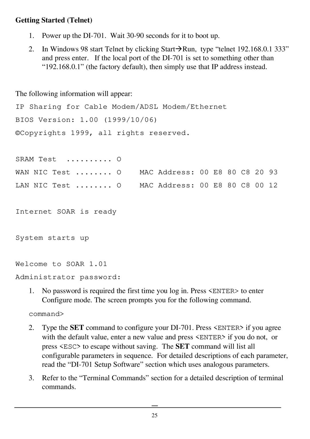 D-Link DI-701 manual Getting Started Telnet, Command 