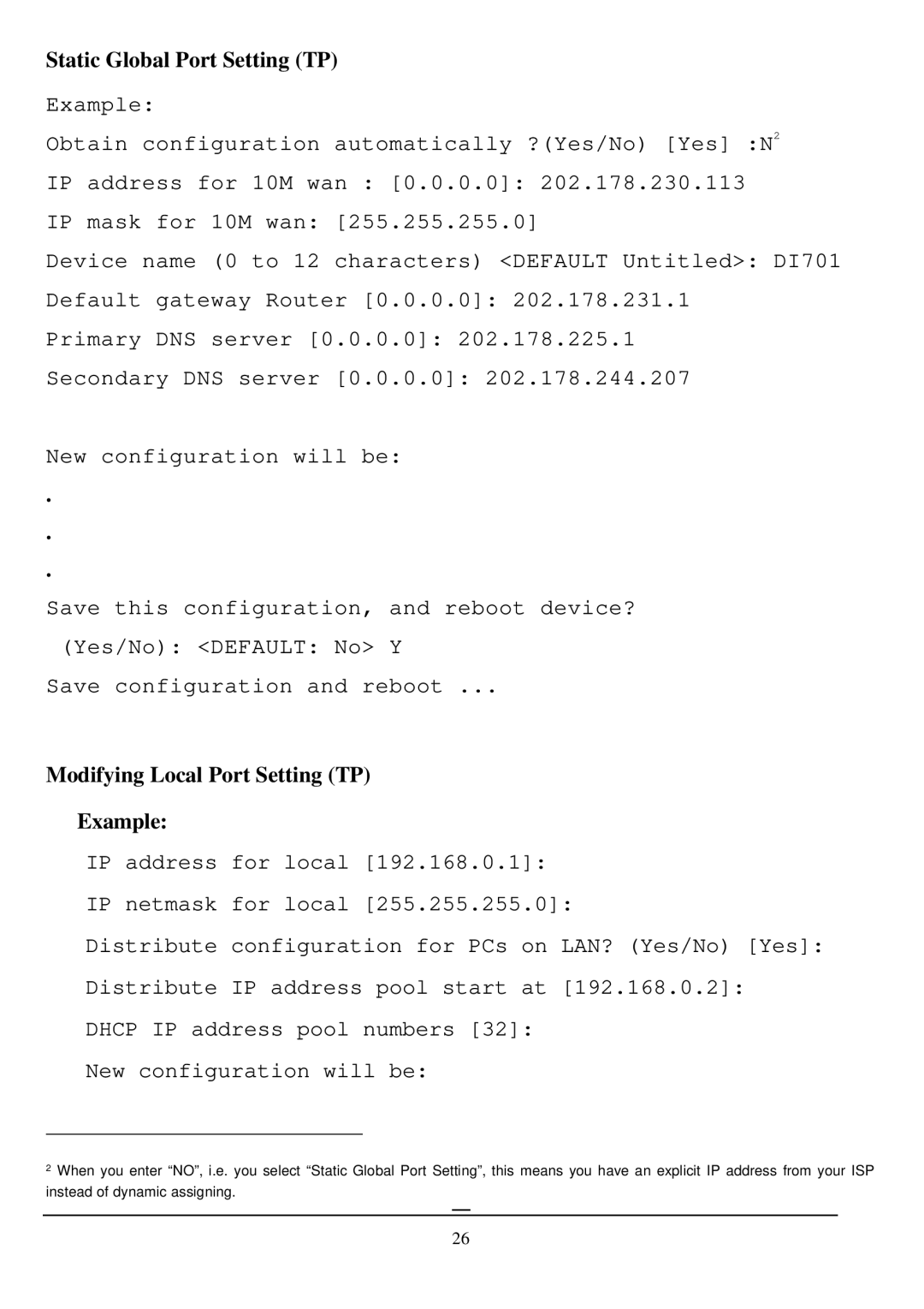 D-Link DI-701 manual Static Global Port Setting TP, Modifying Local Port Setting TP Example 