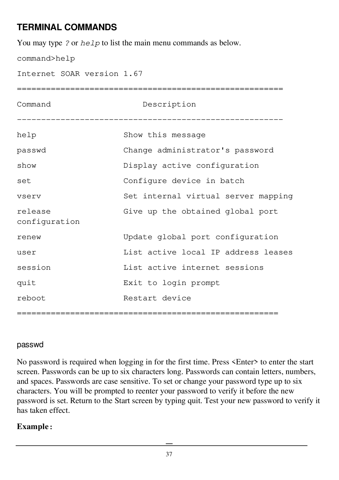 D-Link DI-701 manual Terminal Commands, Passwd 