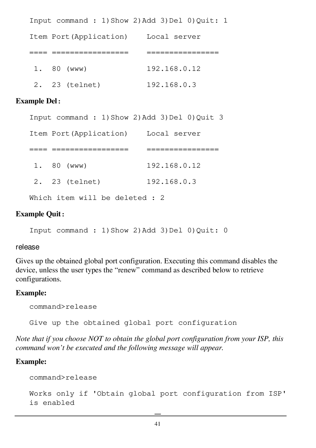 D-Link DI-701 manual Release, Example Del, Example Quit 