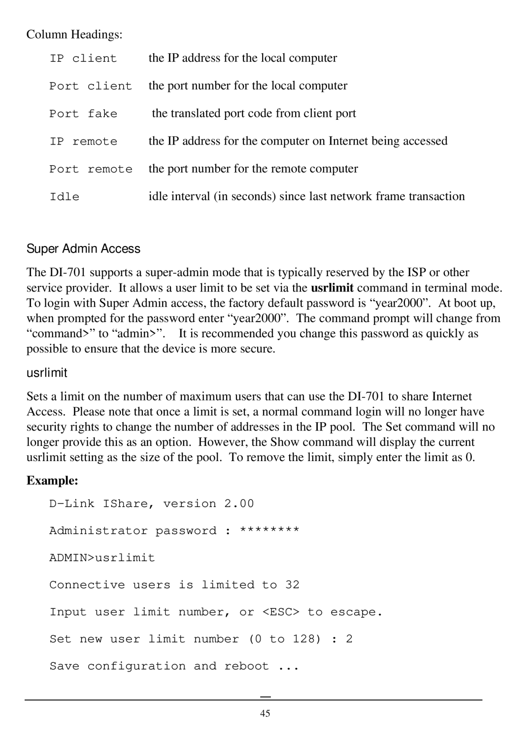 D-Link DI-701 manual Super Admin Access, Usrlimit 