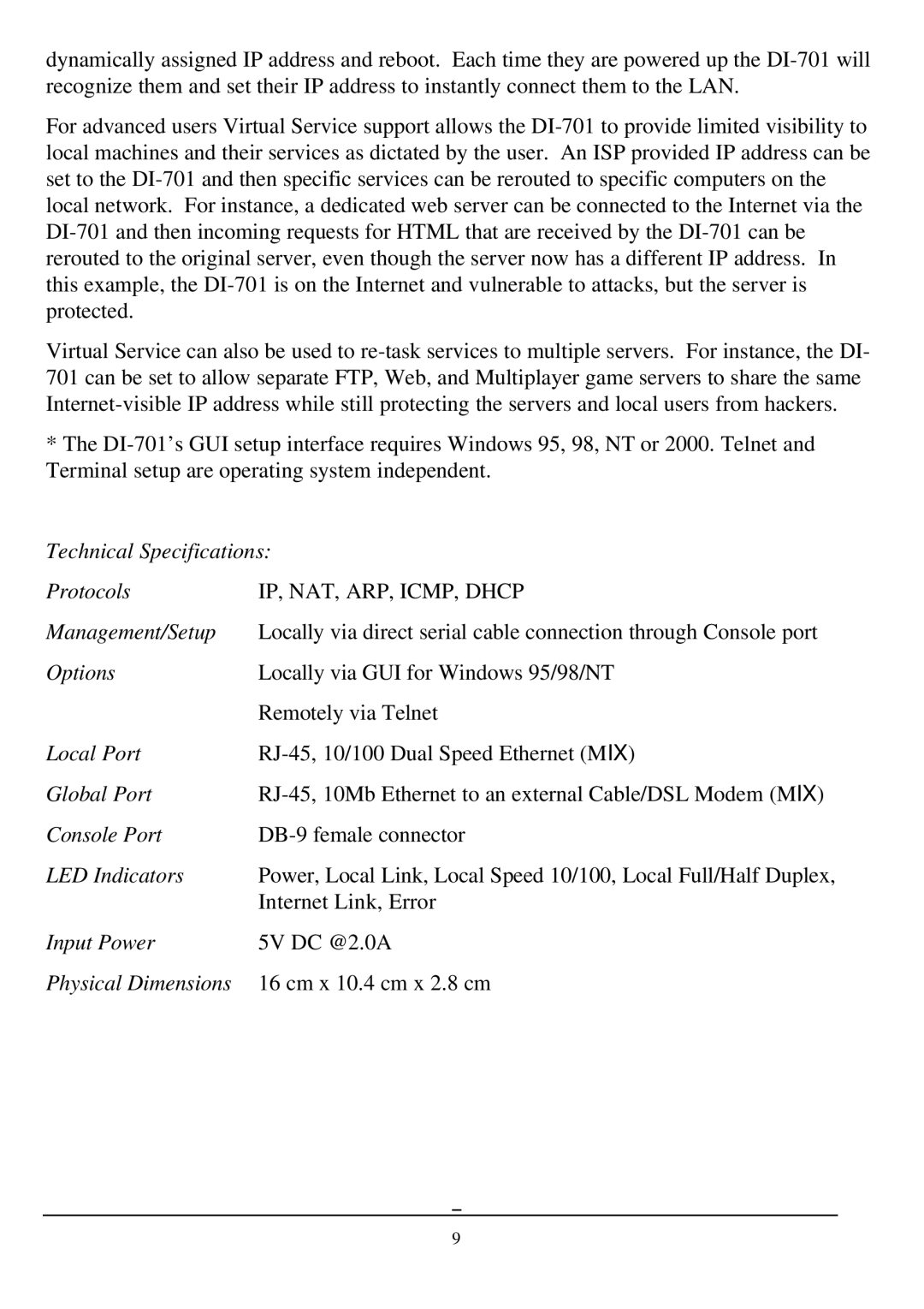 D-Link DI-701 manual Technical Specifications Protocols, Management/Setup, Options, Local Port, Global Port, Console Port 