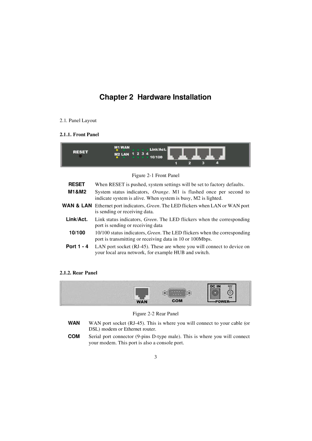 D-Link DI-704 user manual Hardware Installation, Front Panel, Rear Panel 