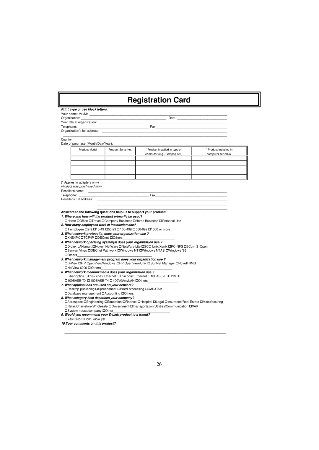 D-Link DI-704 user manual Registration Card, Print, type or use block letters 