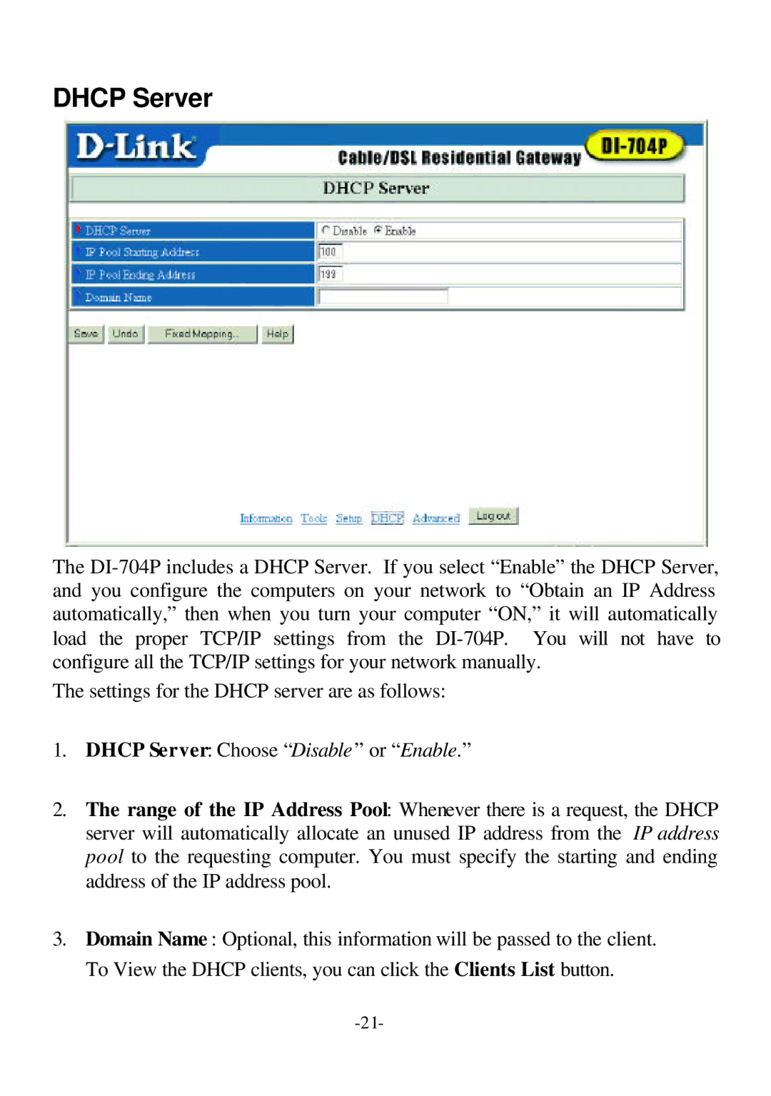 D-Link DI-704P user manual Dhcp Server 