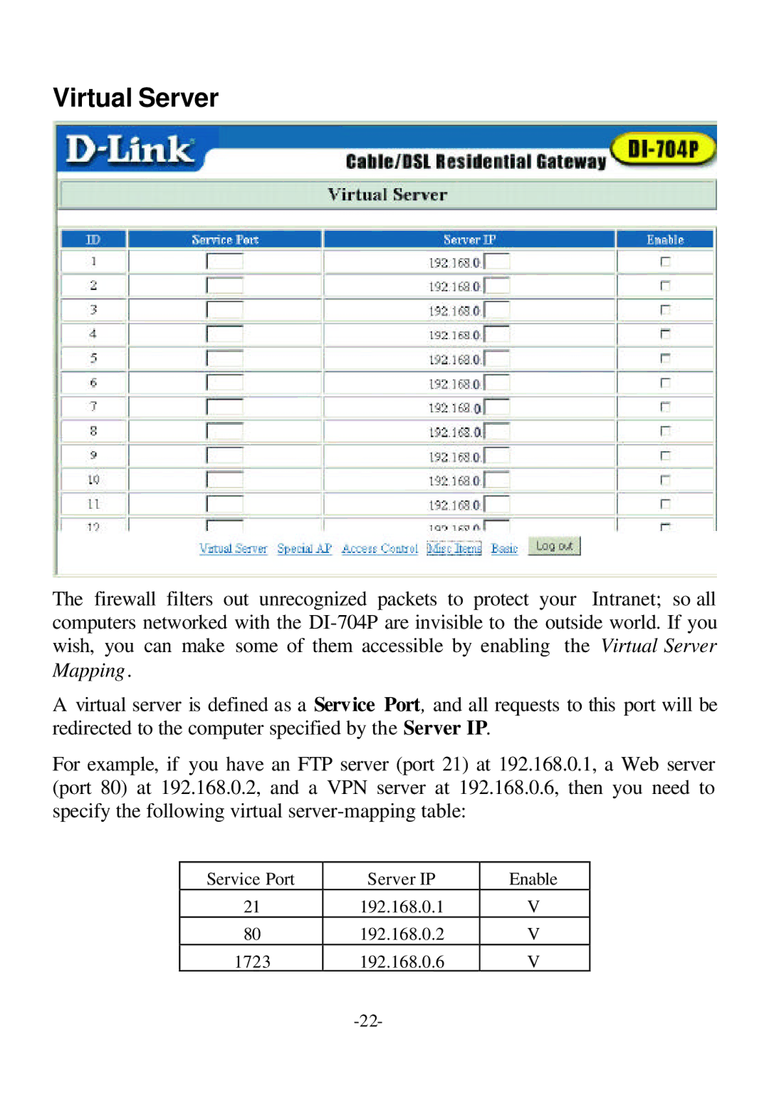 D-Link DI-704P user manual Virtual Server 