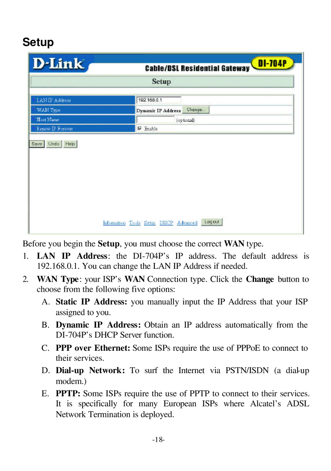 D-Link DI-704P user manual Setup 