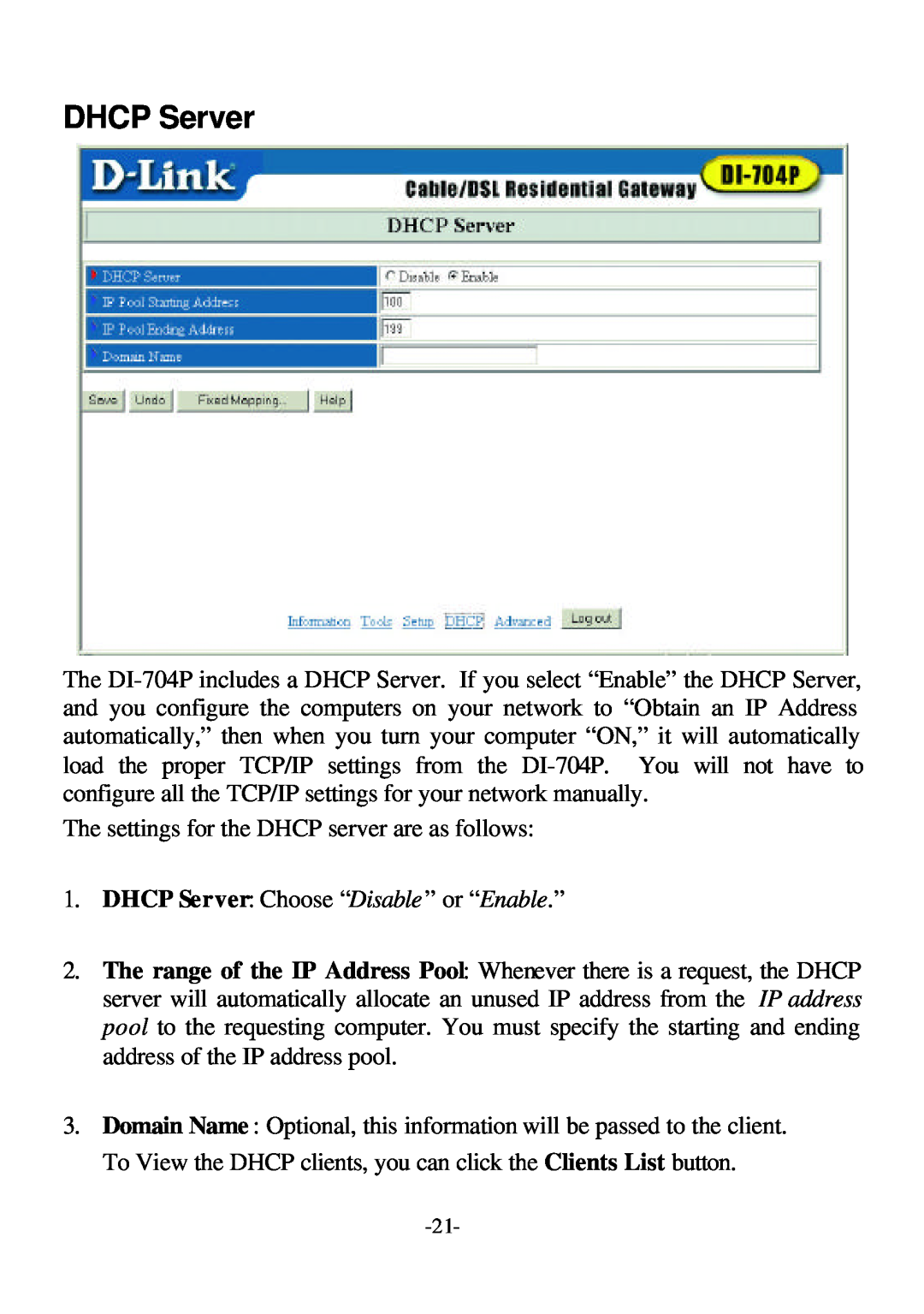 D-Link DI-704P user manual DHCP Server 