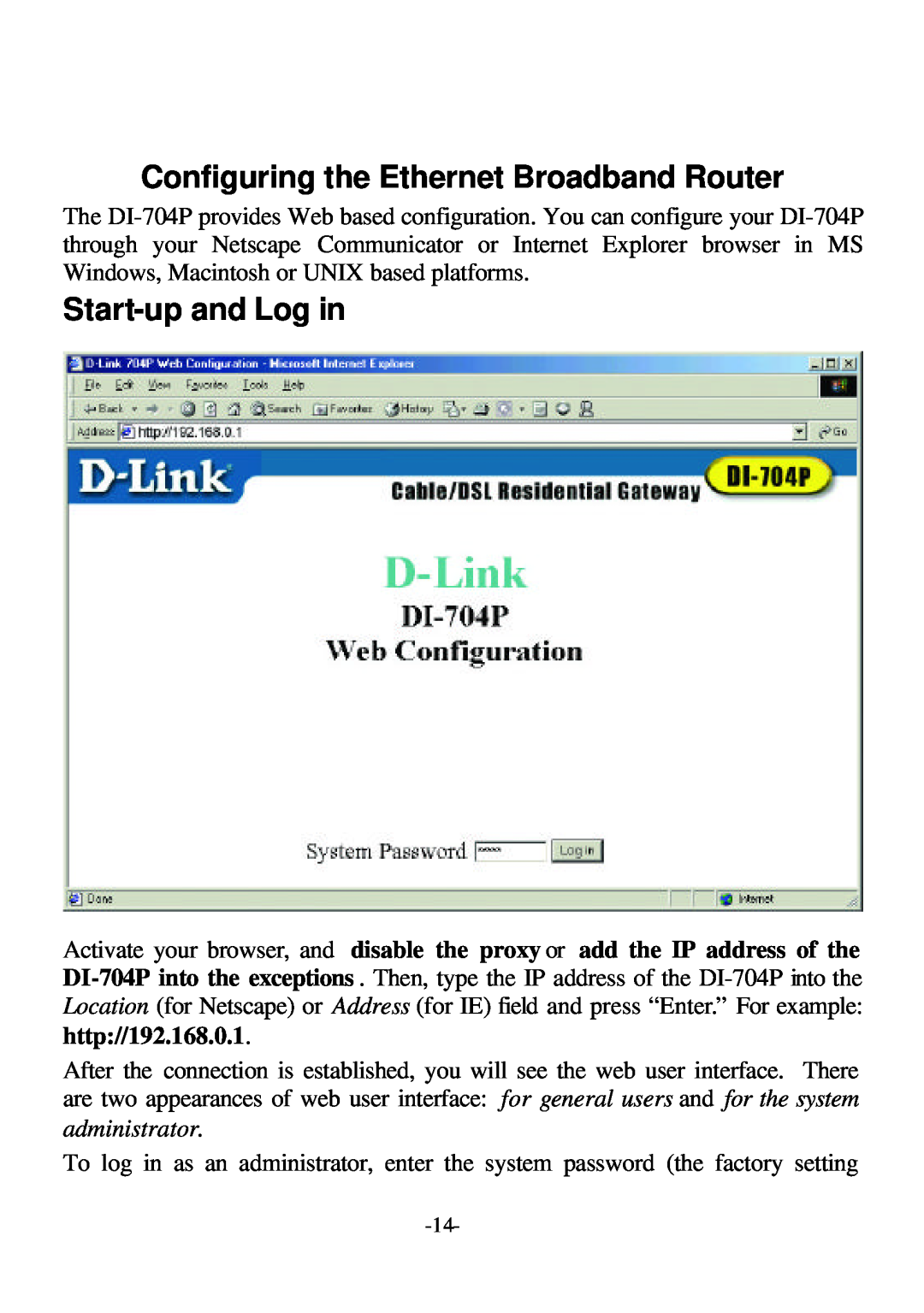 D-Link DI-704P user manual Configuring the Ethernet Broadband Router, Start-up and Log in 
