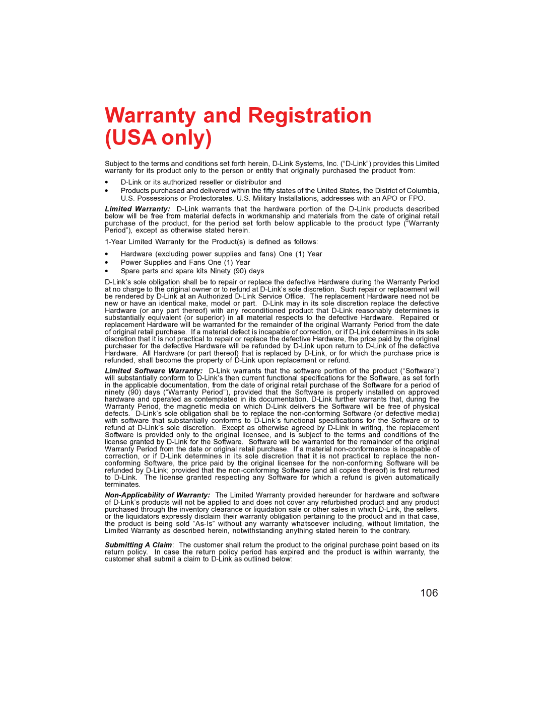 D-Link DI-704UP manual Warranty and Registration USA only, 106 