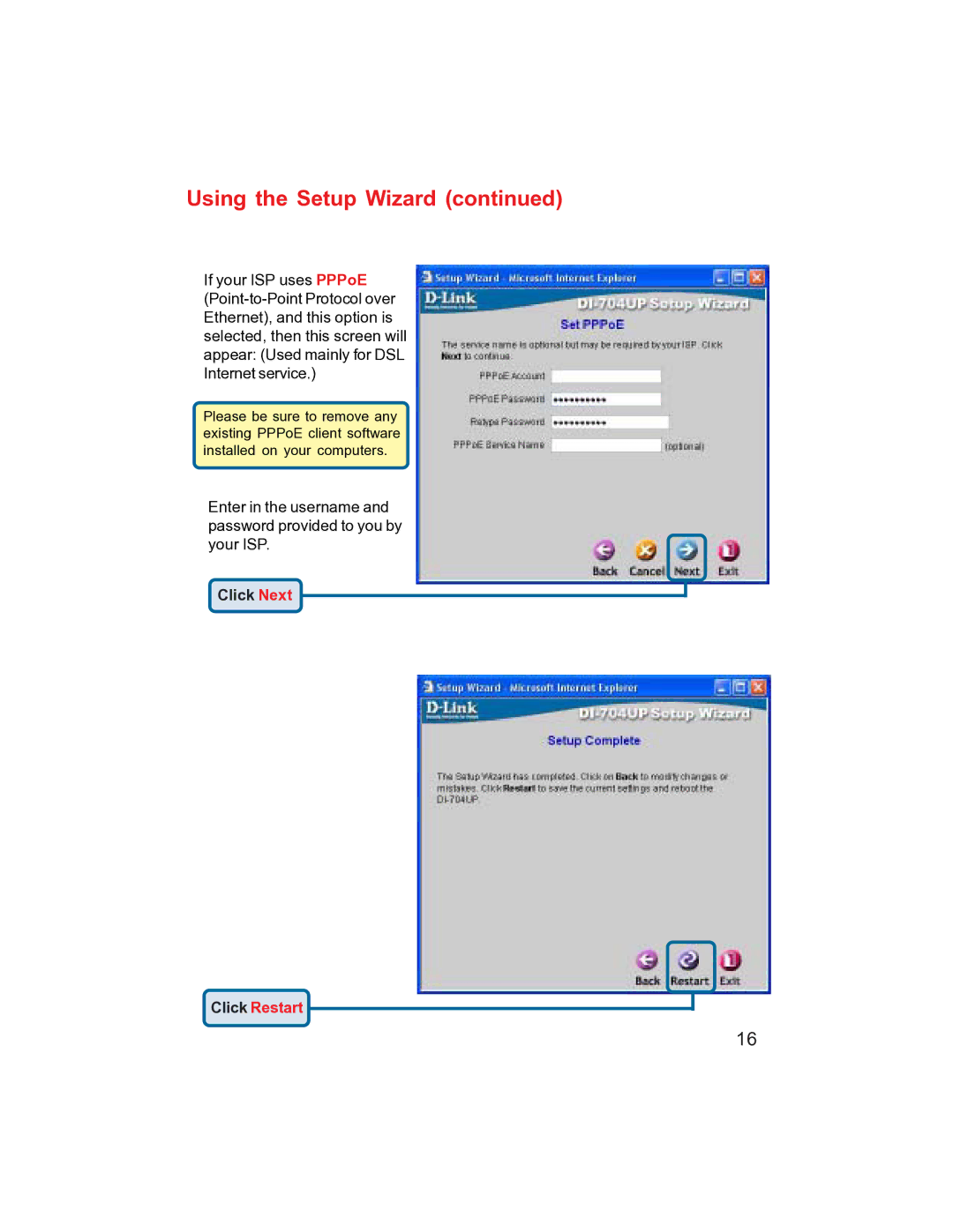 D-Link DI-704UP manual Click Restart 