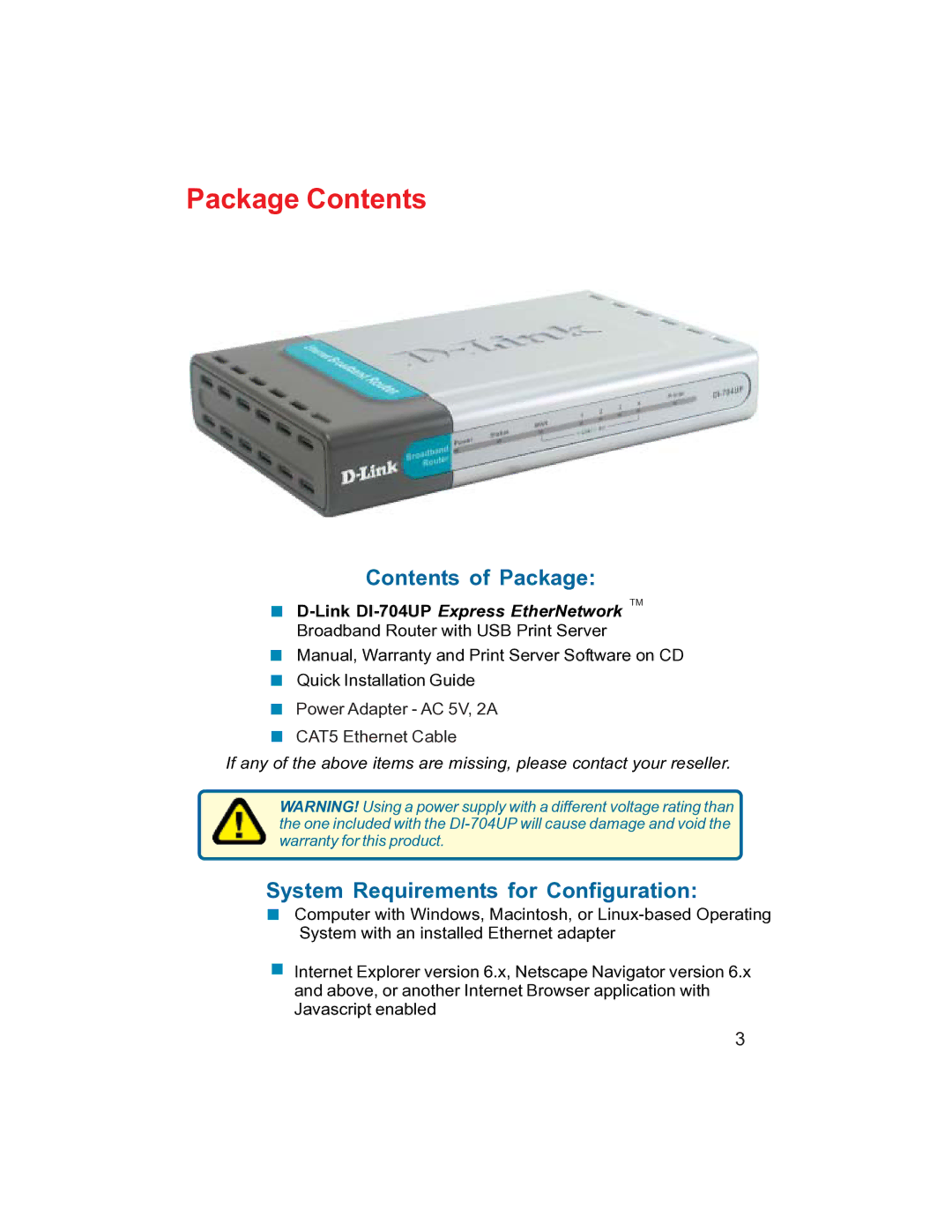 D-Link DI-704UP manual Package Contents 