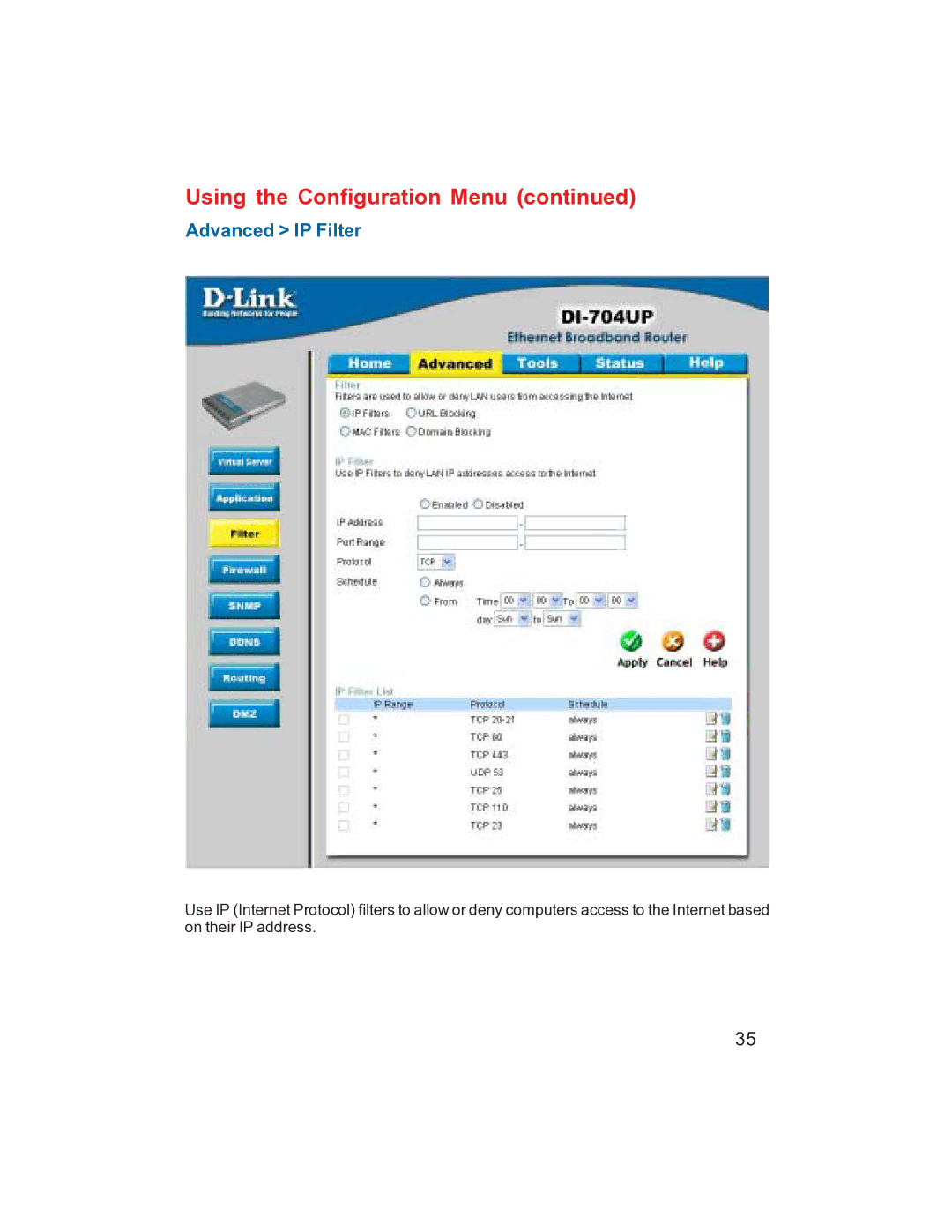 D-Link DI-704UP manual Advanced IP Filter 