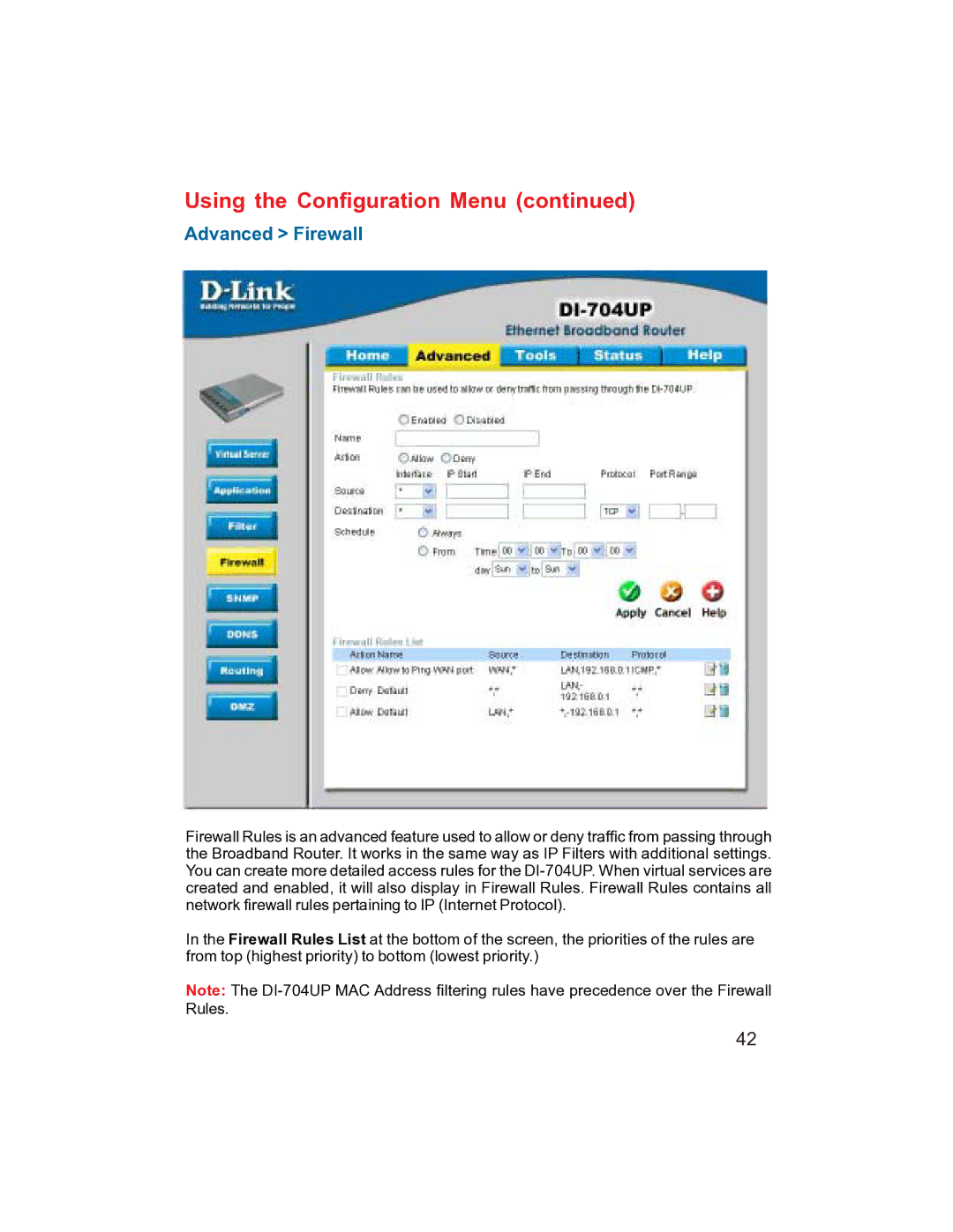 D-Link DI-704UP manual Advanced Firewall 