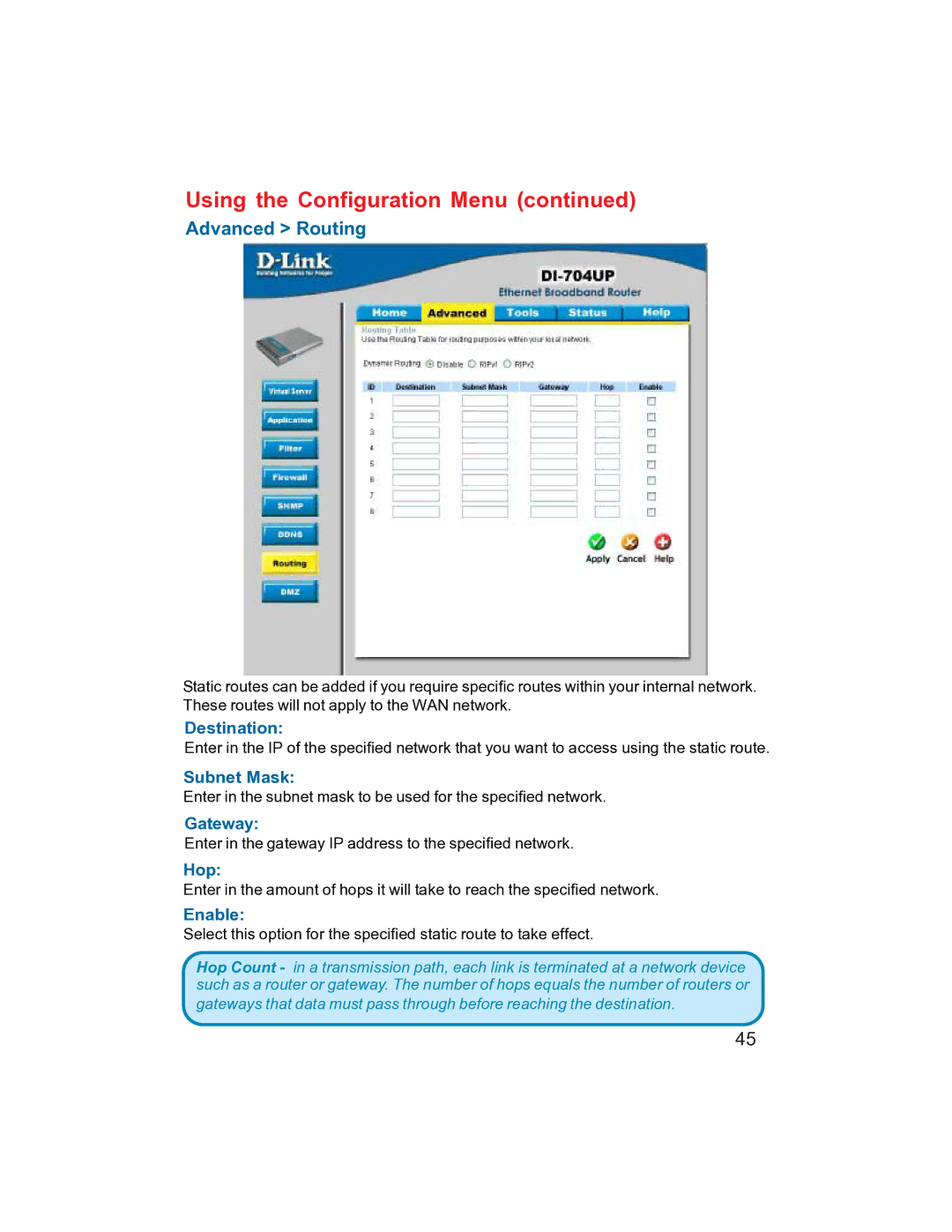 D-Link DI-704UP manual Advanced Routing, Destination, Gateway, Hop, Enable 