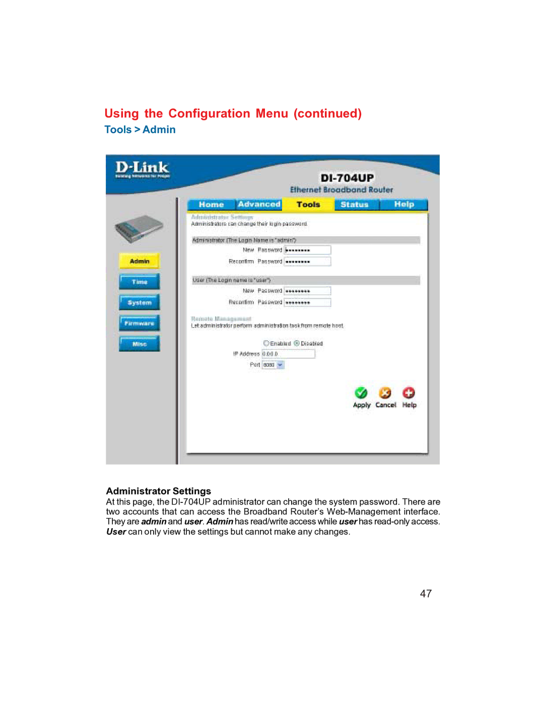 D-Link DI-704UP manual Tools Admin, Administrator Settings 