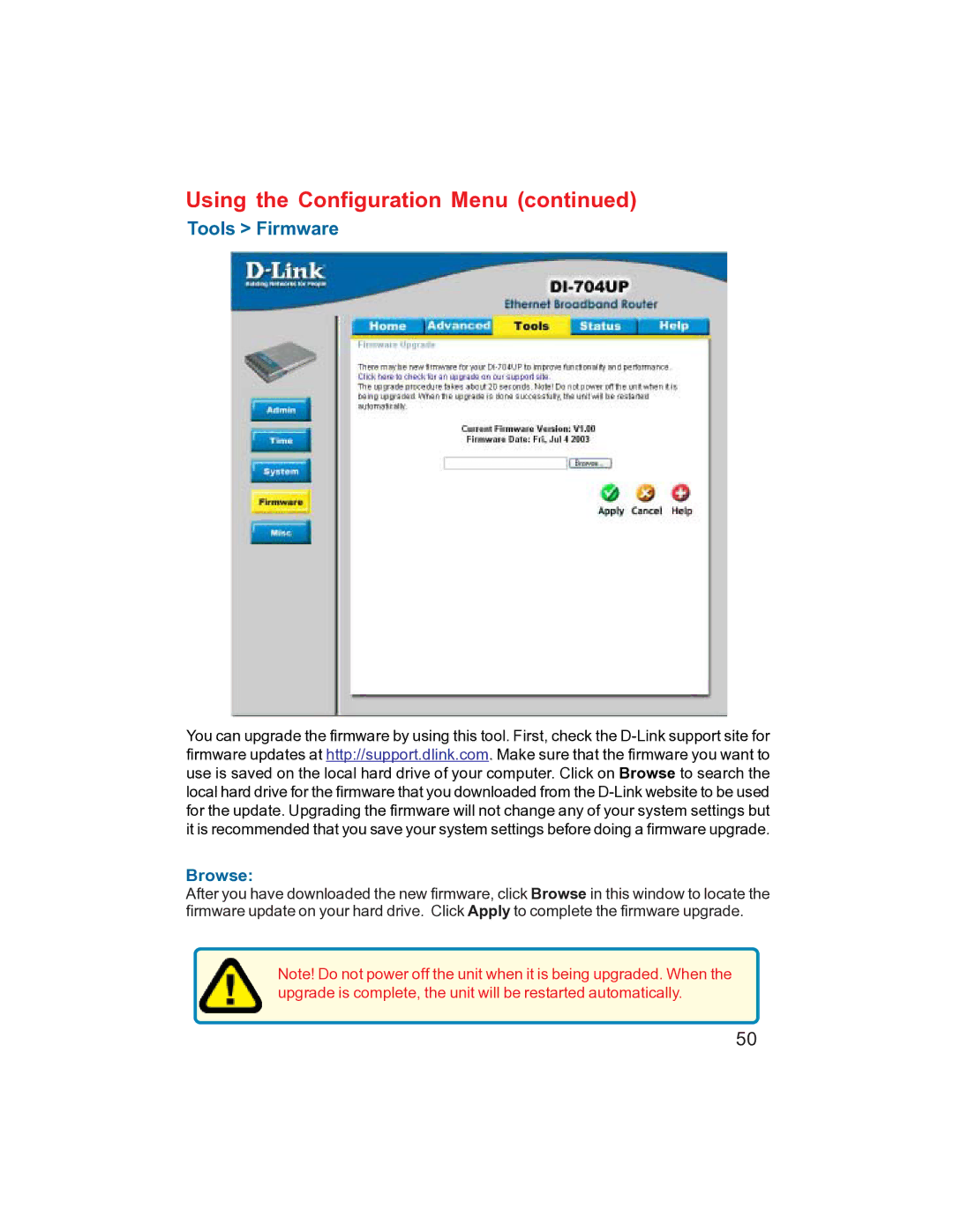 D-Link DI-704UP manual Tools Firmware, Browse 