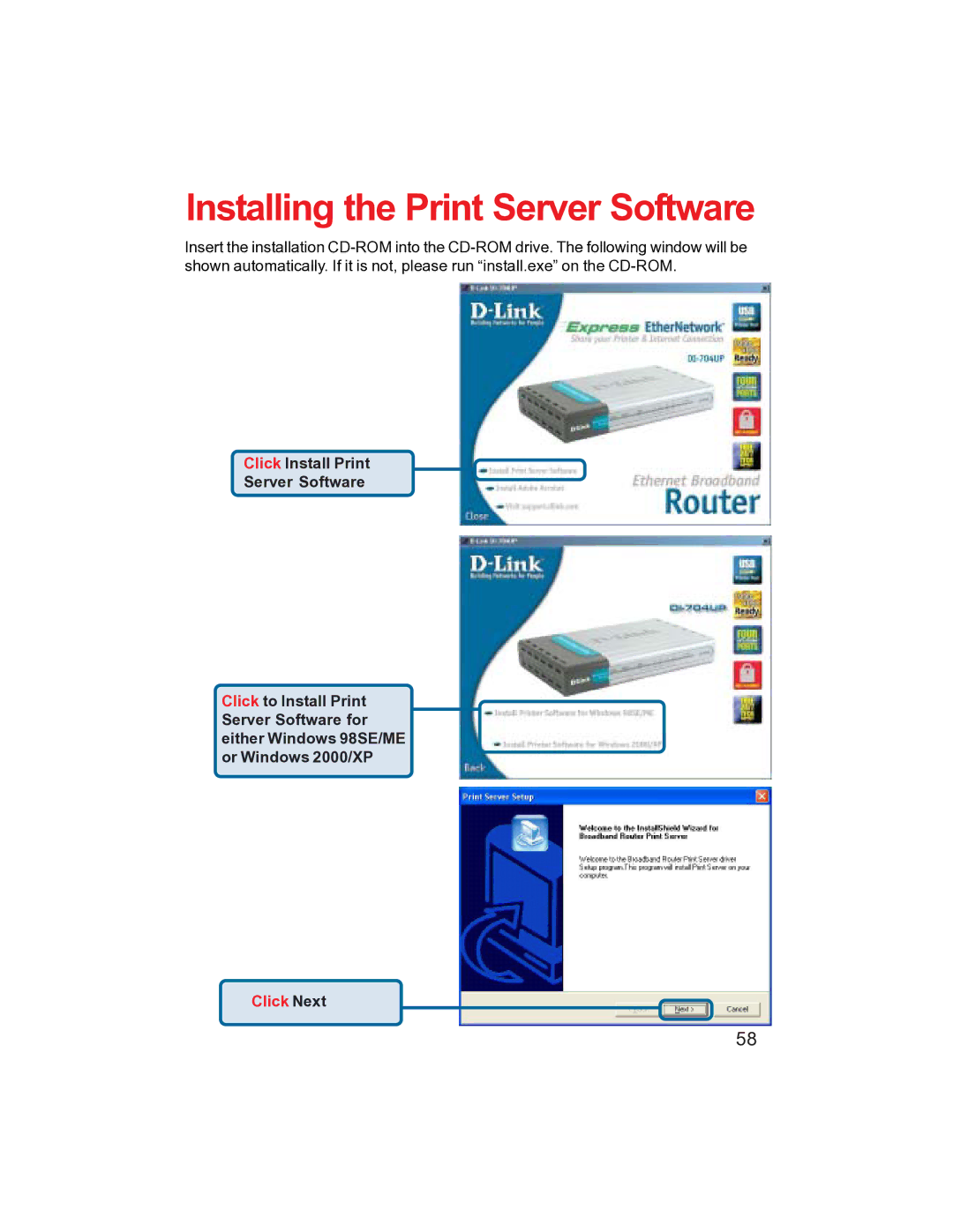 D-Link DI-704UP manual Installing the Print Server Software 