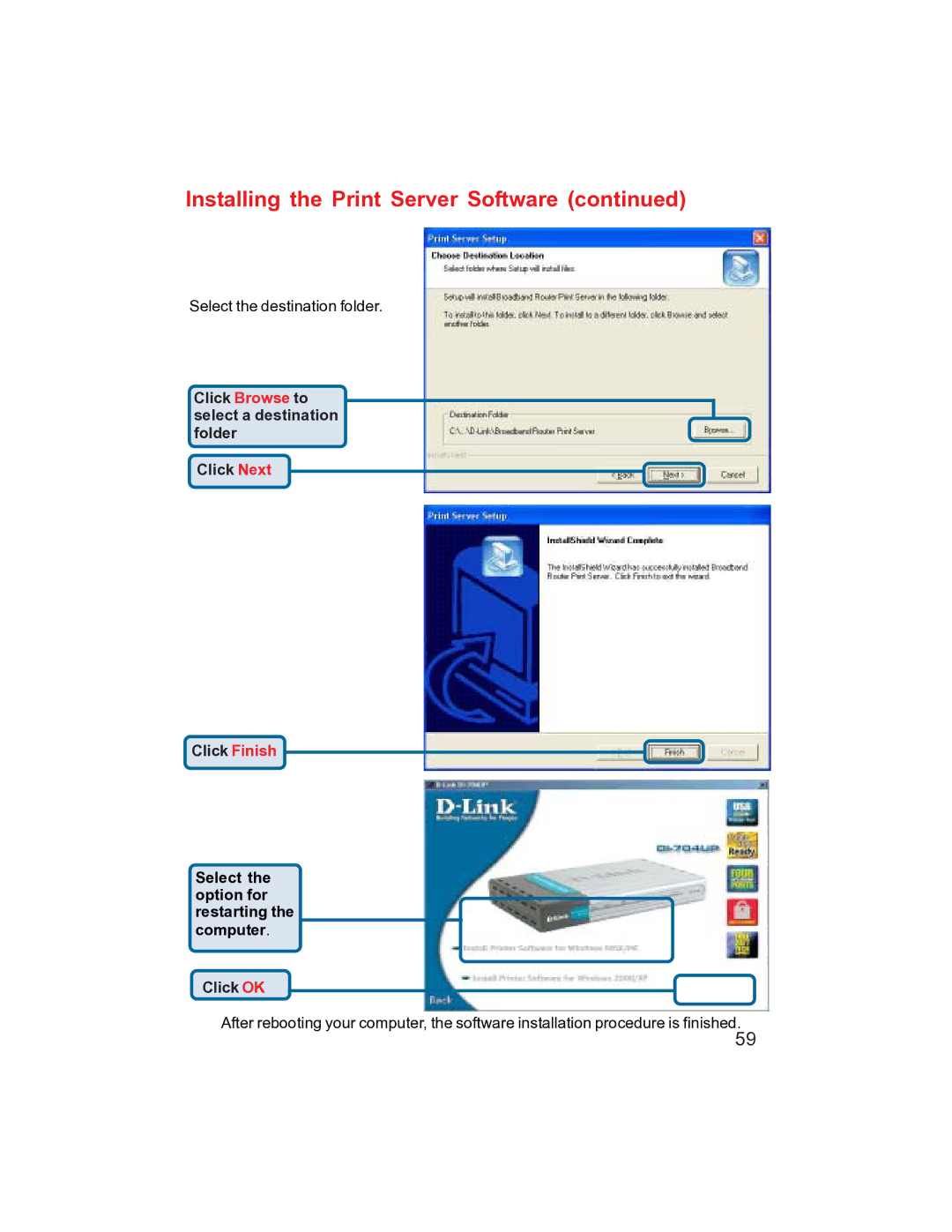 D-Link DI-704UP manual Installing the Print Server Software 