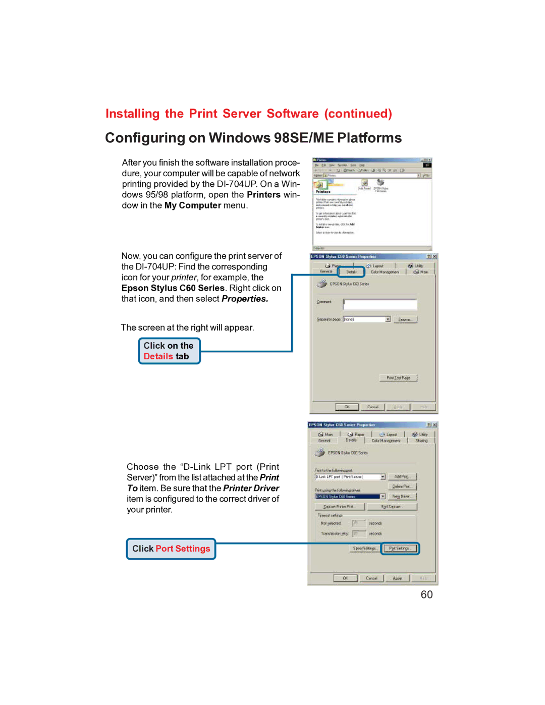 D-Link DI-704UP manual Configuring on Windows 98SE/ME Platforms 