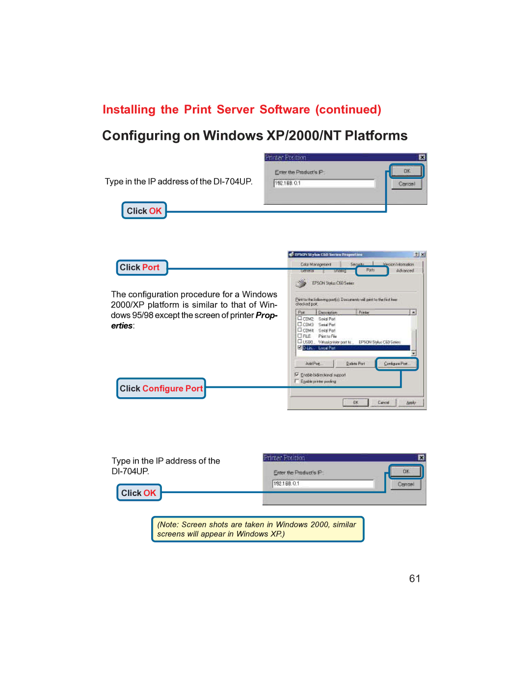 D-Link DI-704UP manual Configuring on Windows XP/2000/NT Platforms 