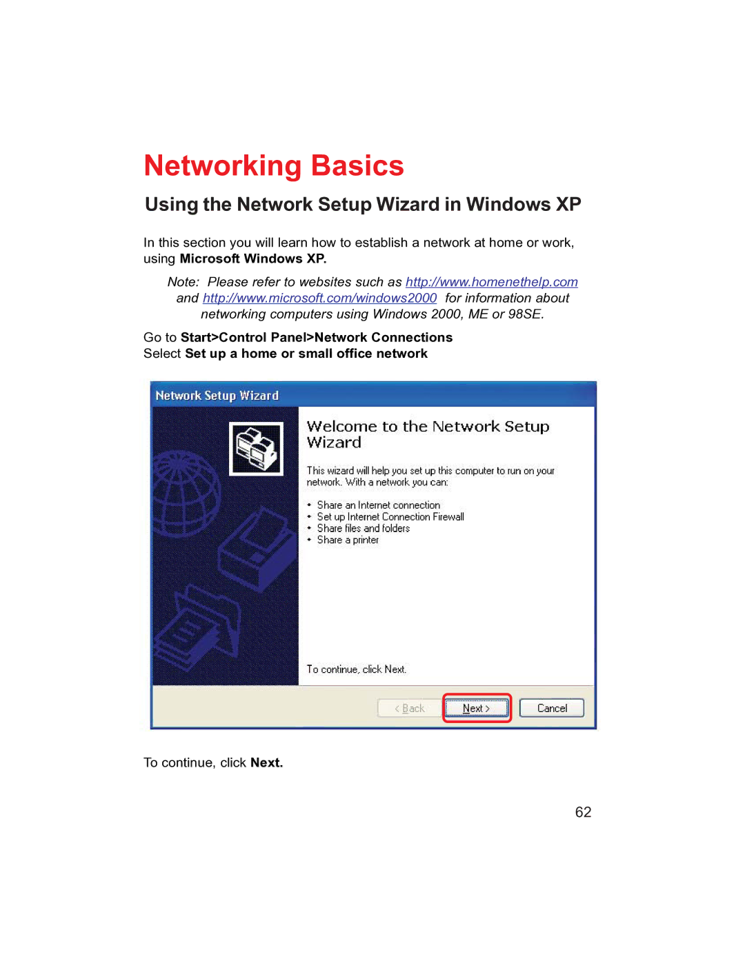 D-Link DI-704UP manual Networking Basics, Using the Network Setup Wizard in Windows XP 